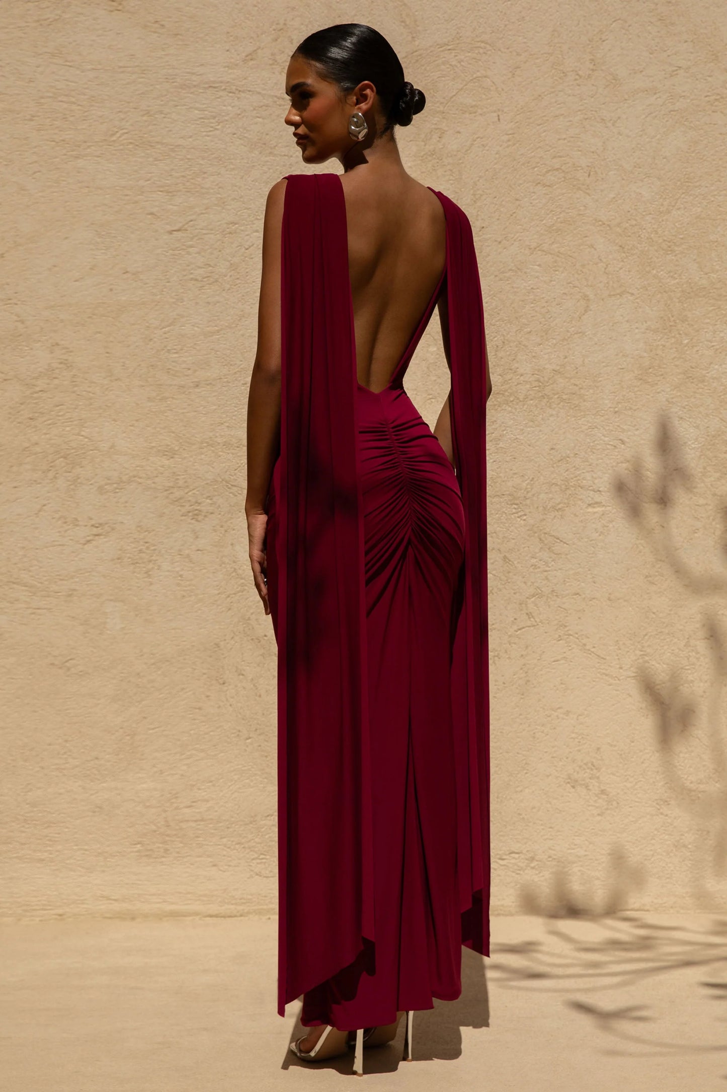 Saige Burgundy Cap-Sleeve Gathered Maxi Dress