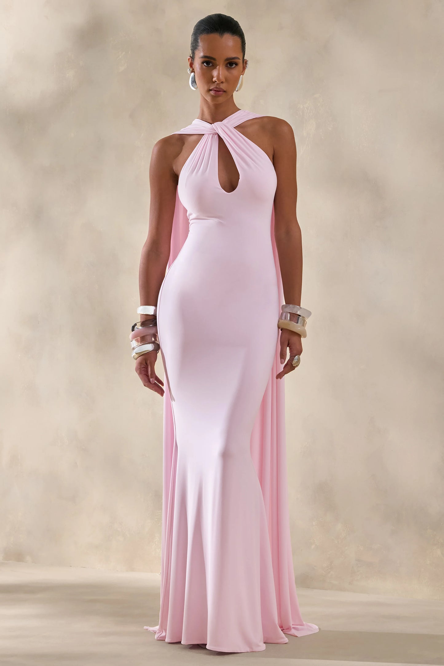 Rhoda Light Pink Twist Halter-Neck Cape Maxi Dress