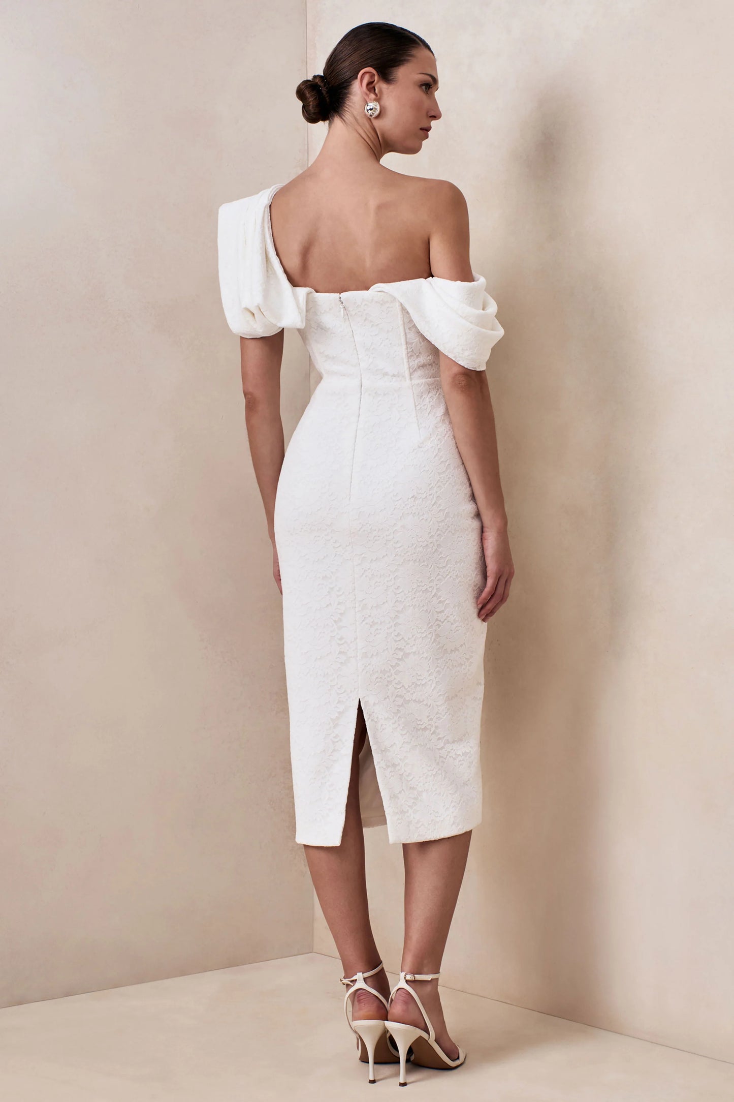 Farvera White Lace Draped Asymmetric-Neck Midi Dress