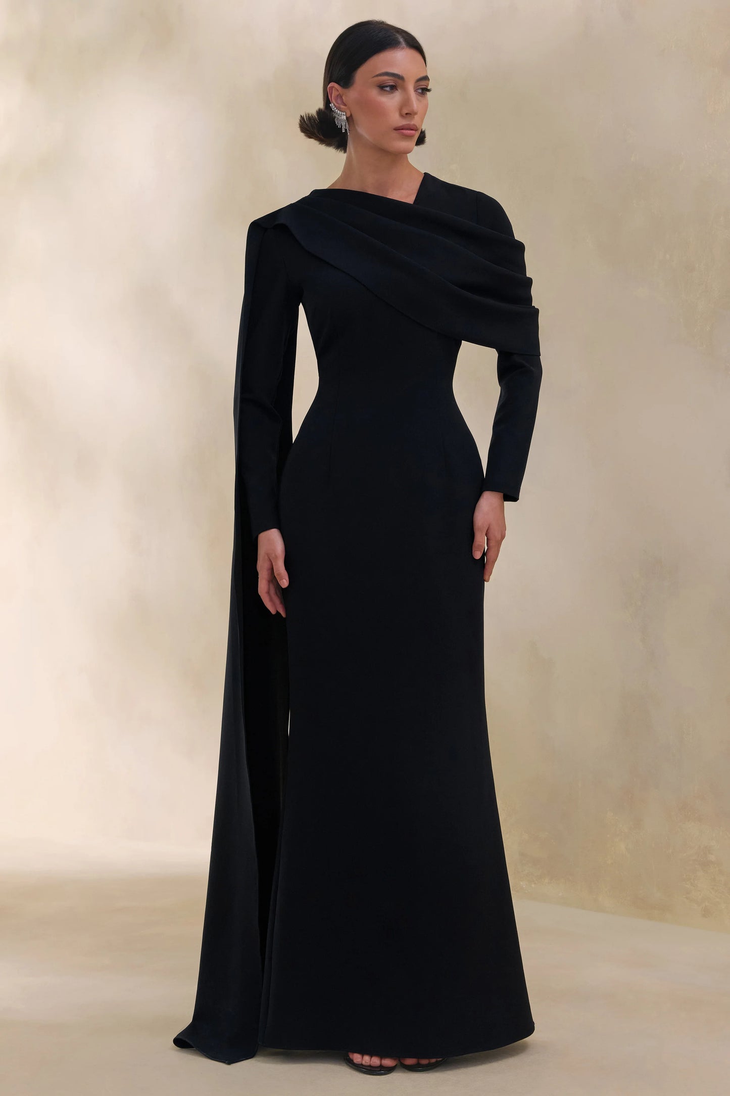 Heliora Black V-Neck Maxi Dress With Sash And Draped-Detail