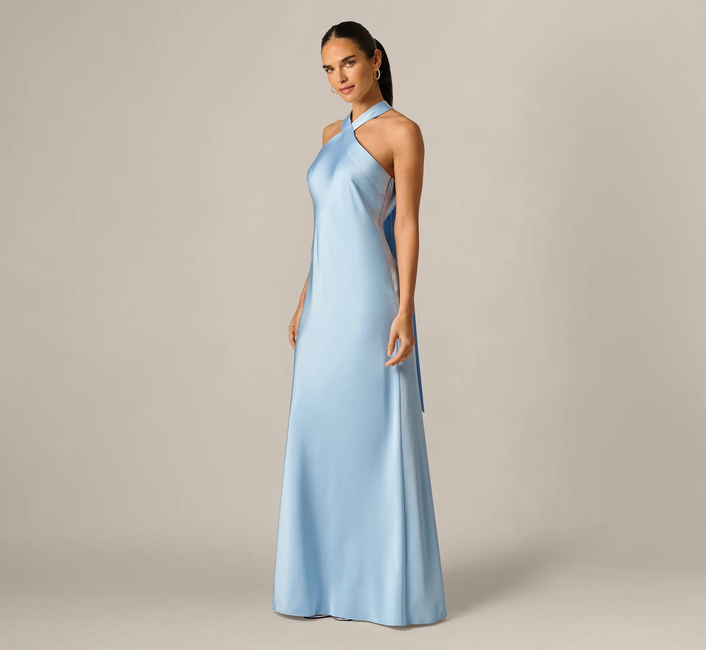 Bias Cut Stretch Satin Scarf Halter Gown In Azure Blue