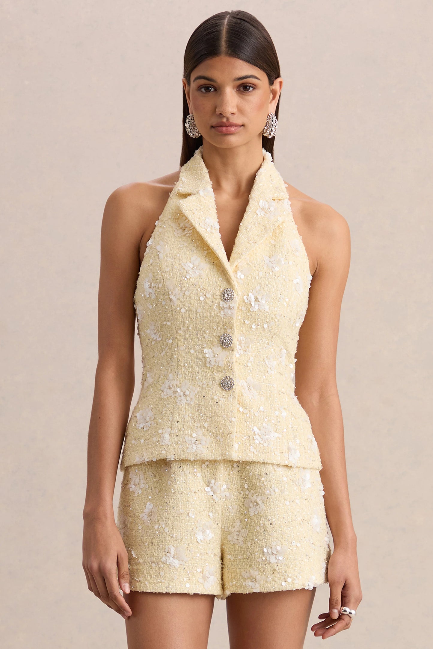 Alba Lemon Boucle Plunge-Neck Crop-Top