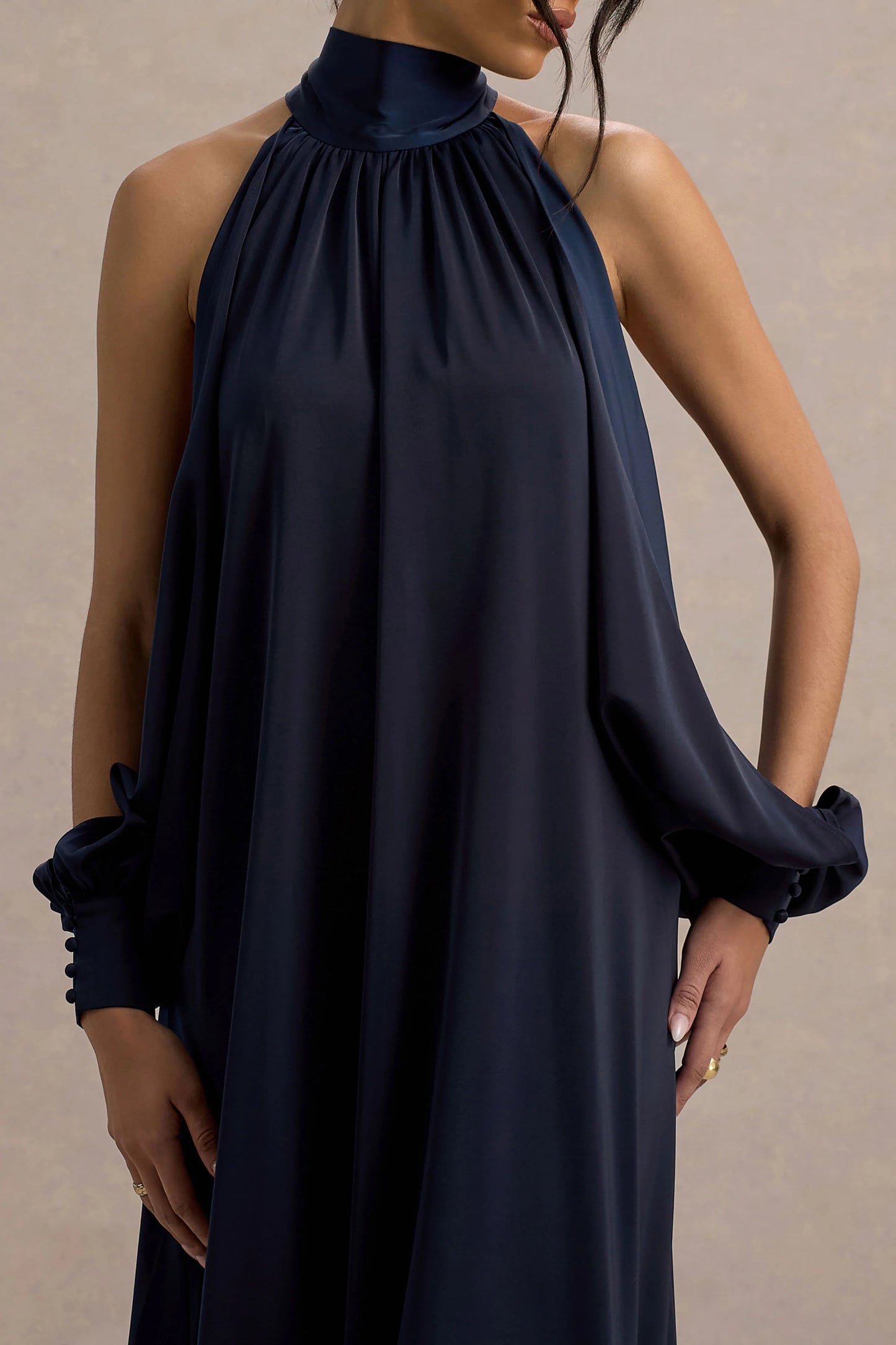 Baila Navy Satin High-Neck Cape-Sleeve Maxi Dress