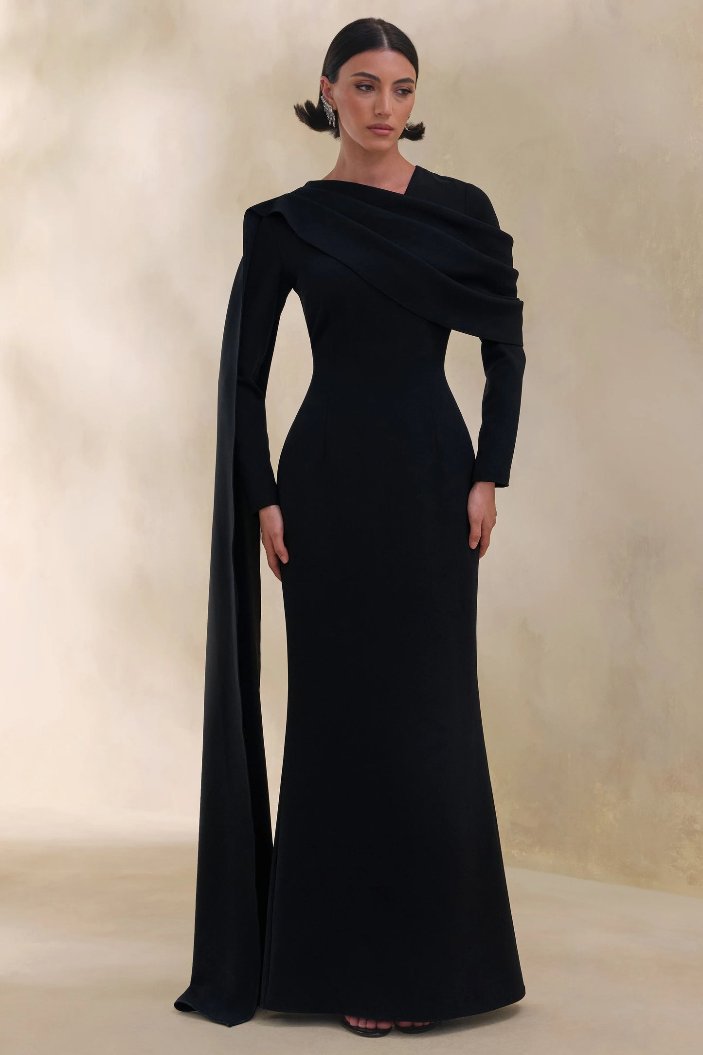 Heliora Black V-Neck Maxi Dress With Sash And Draped-Detail