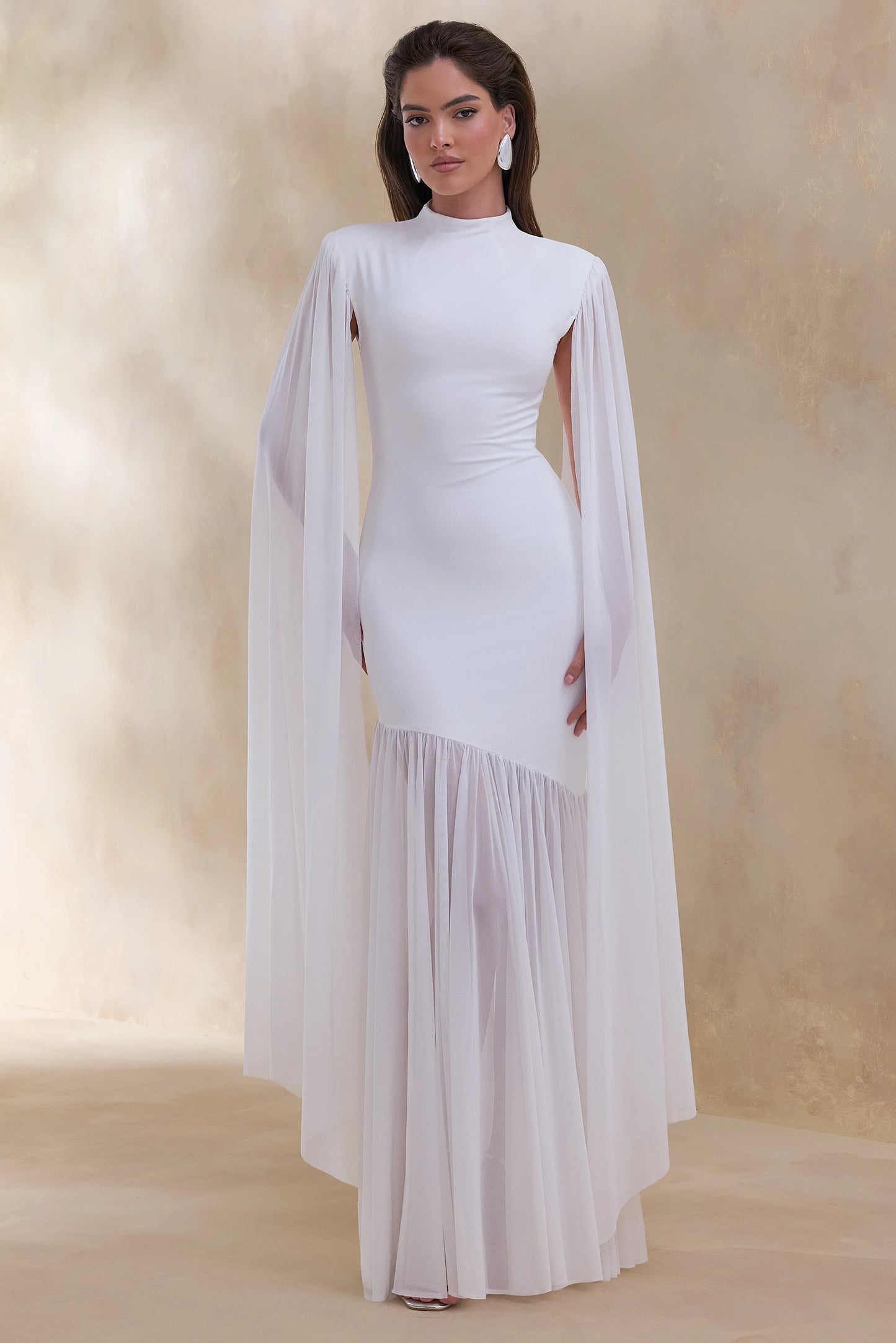 Chantelle White High-Neck Maxi Dress With Drop-Waist And Cape-Sleeves