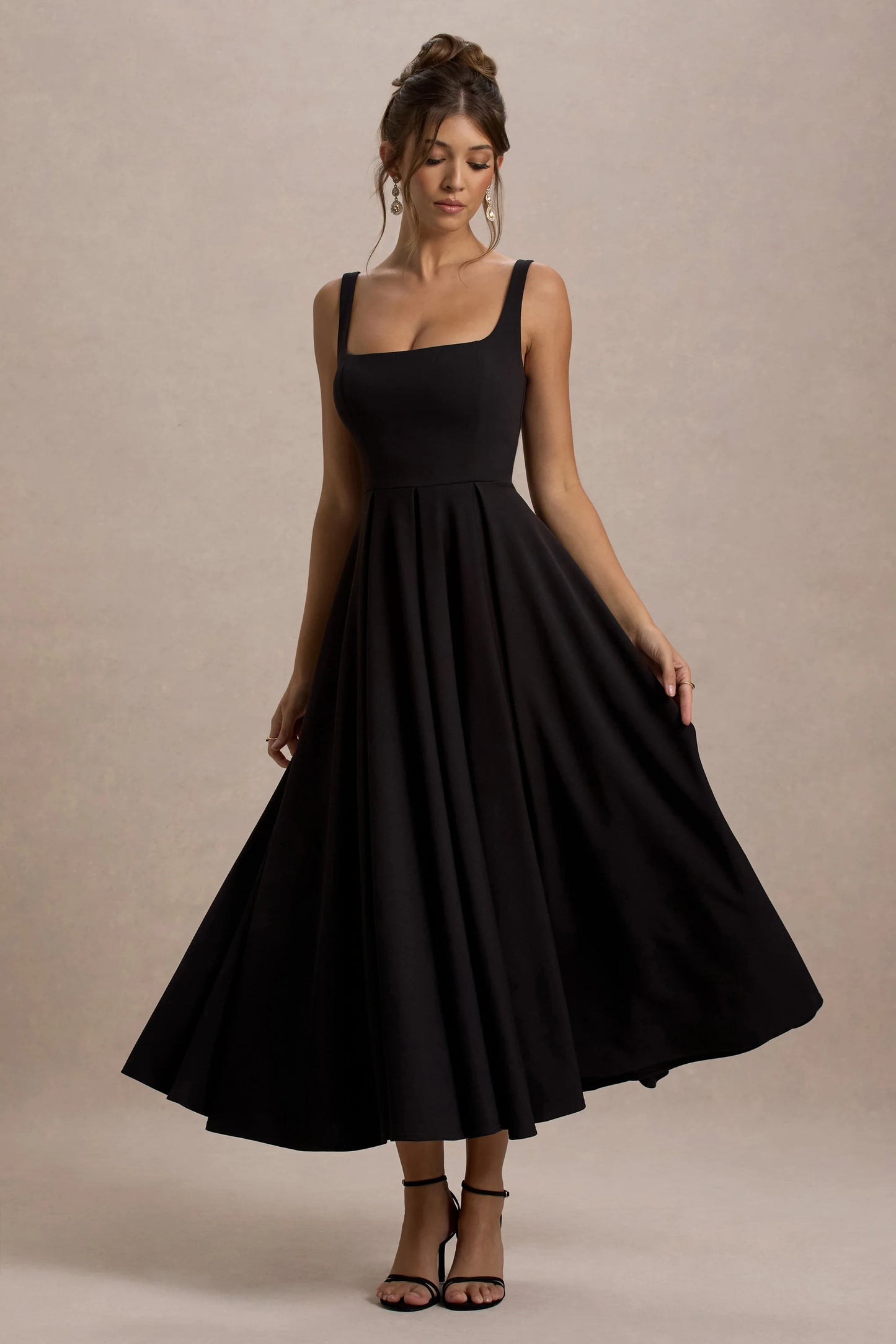 Parina Black Strappy Volume-Hem Midi Dress