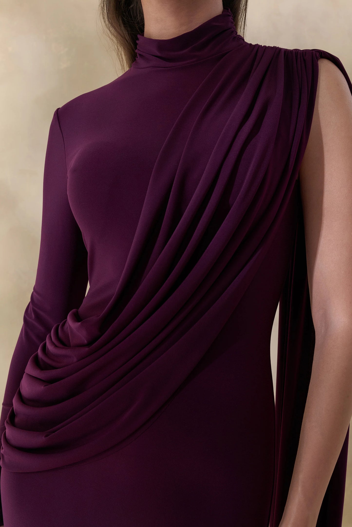 Oliria Dark Plum High-Neck Maxi Dress With One-Long Sleeve And Sash-Detail