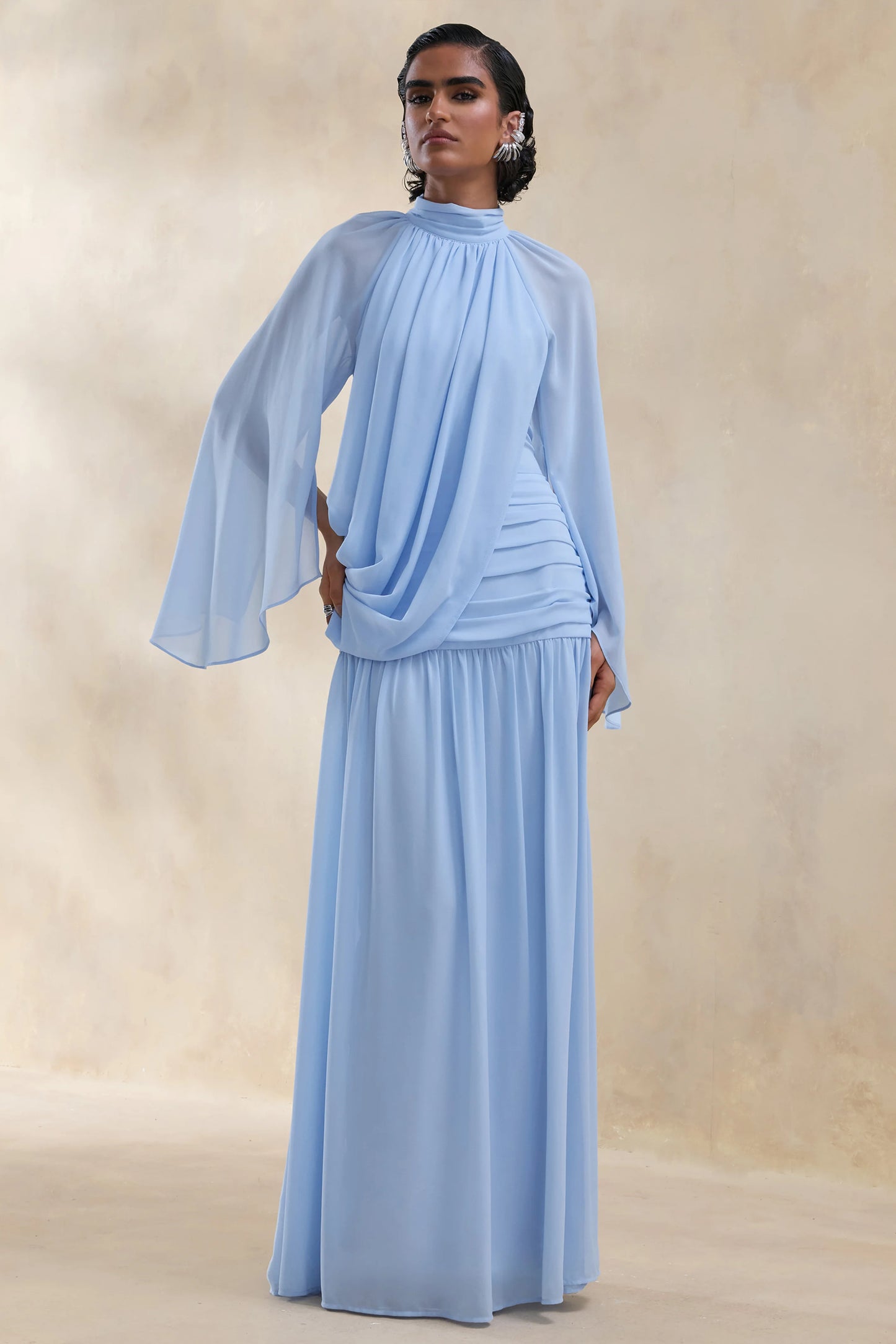 Narella Blue Chiffon High-Neck Maxi Dress With Draped-Detailing