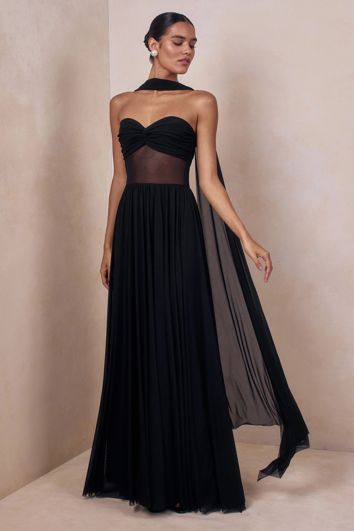 Lyvoria Black Bandeau Maxi Dress With Mesh-Detail And Scarf