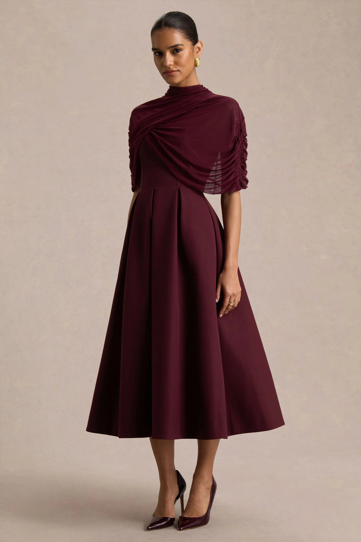 Thalia Burgundy High-Neck Midi Dress With Sheer Mesh Cape