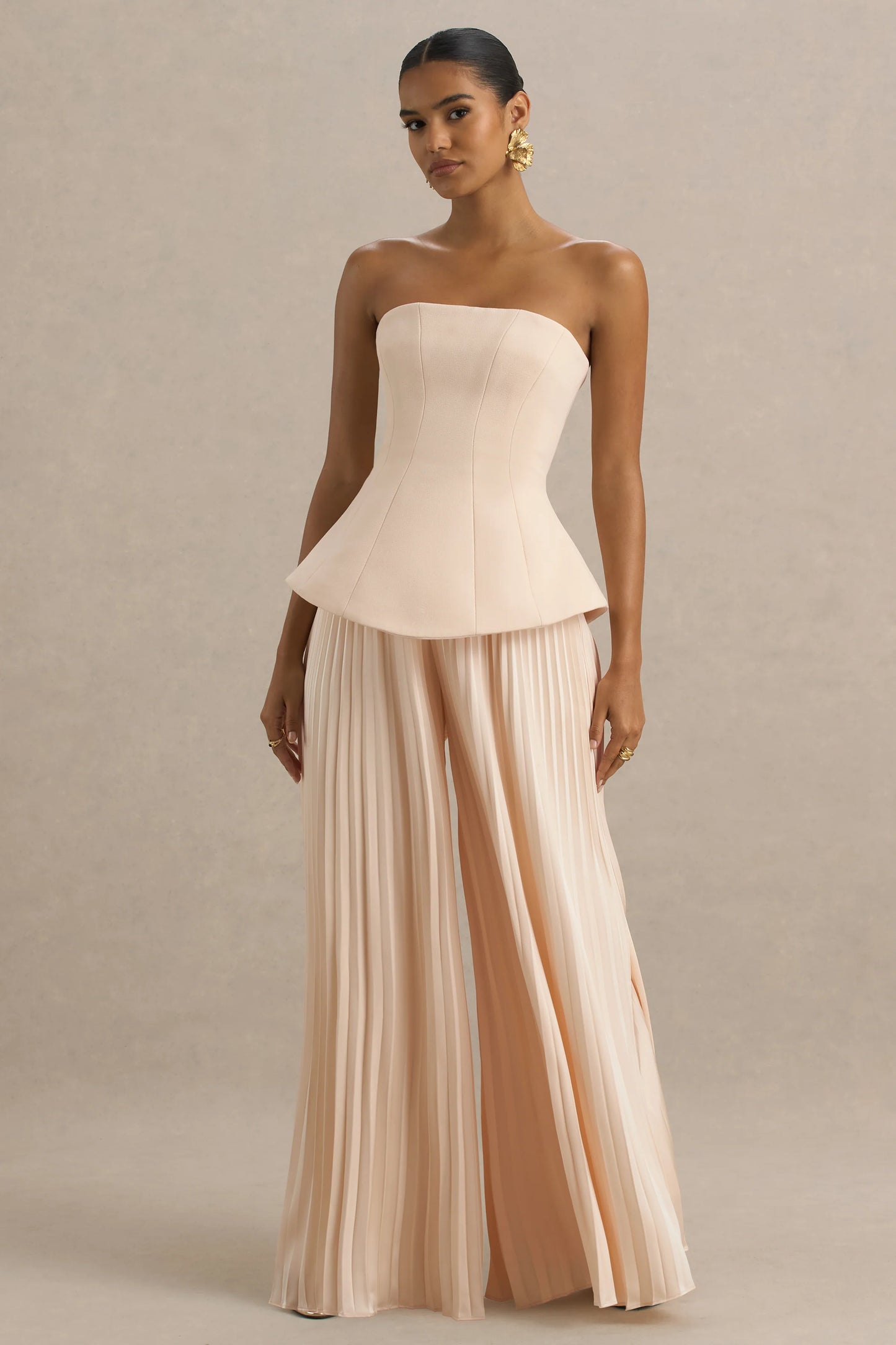 Feeling Good Nude Bandeau Jumpsuit With Pleated Trouser