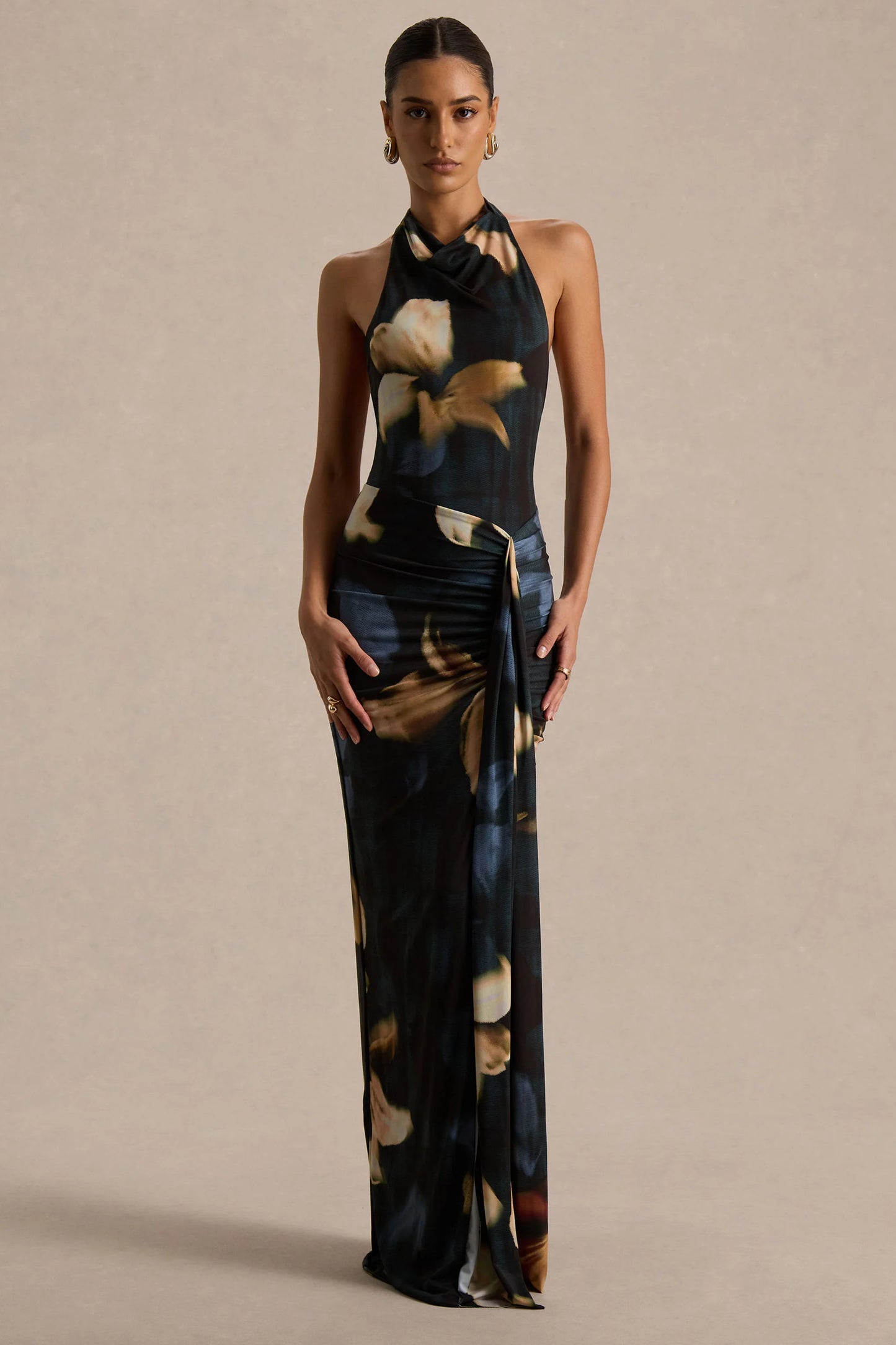 Sunflower Dark Lily Print High-Neck Maxi Dress With Front-High Split