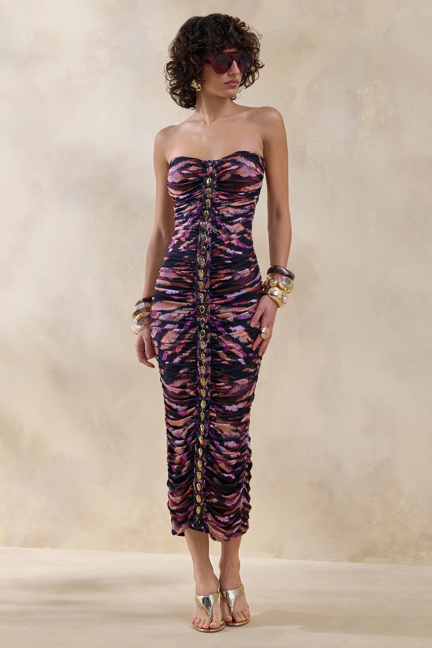 Spontaneity Zebra Print Bandeau Ruched Midi Dress