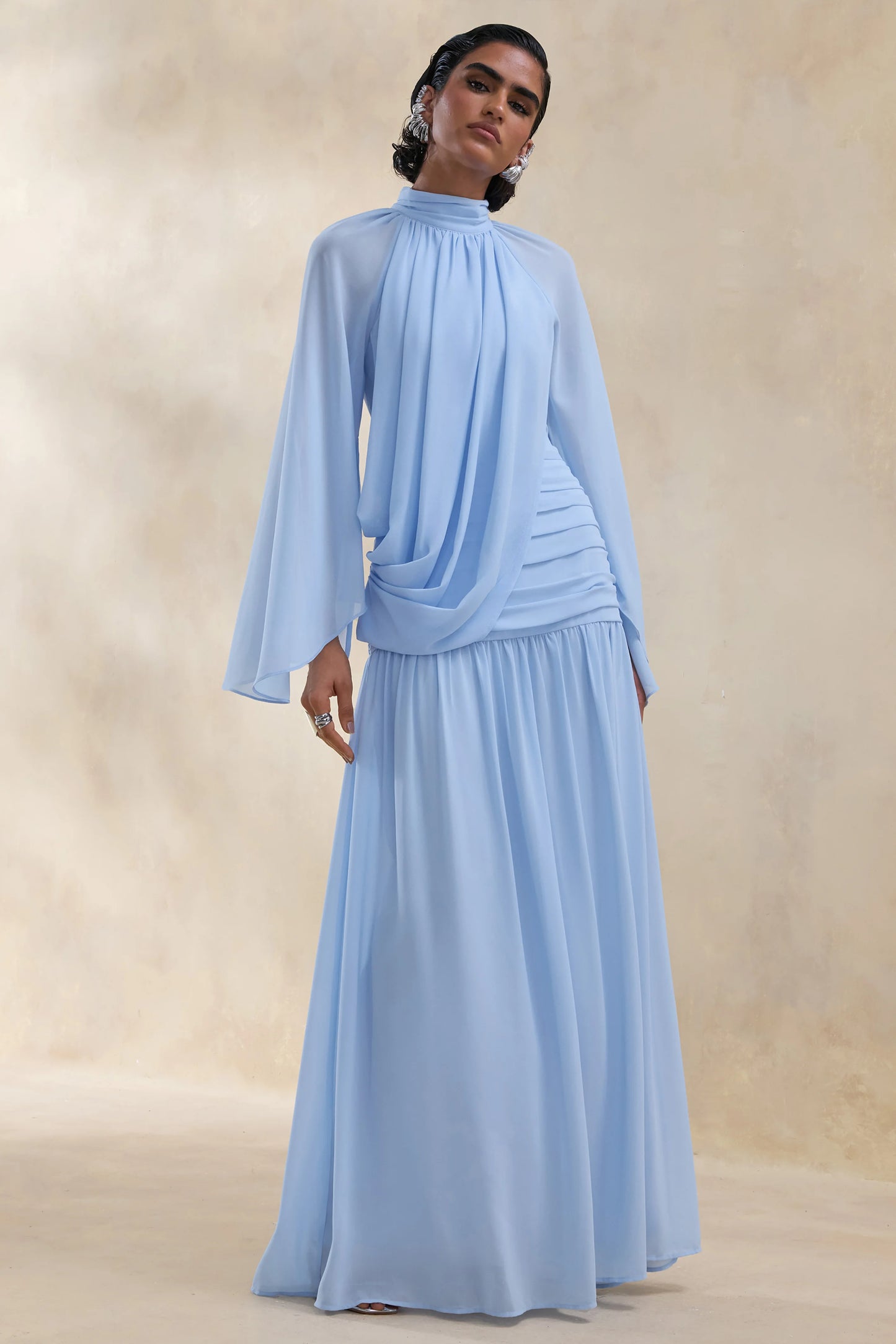 Narella Blue Chiffon High-Neck Maxi Dress With Draped-Detailing