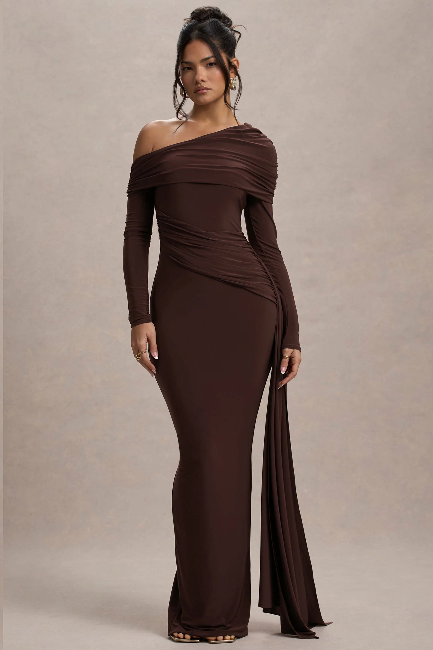 Valina Brown Ruched Asymmetric Maxi Dress With Drape