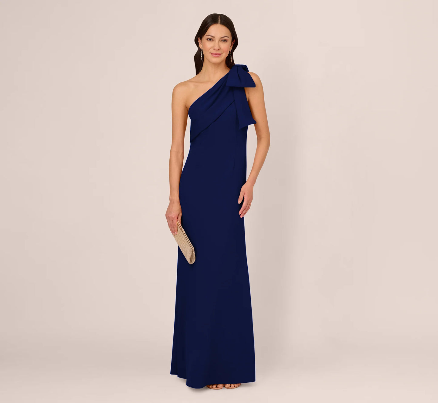 Stretch Crepe One Shoulder Mermaid Gown With Bow Accent In Navy Sateen