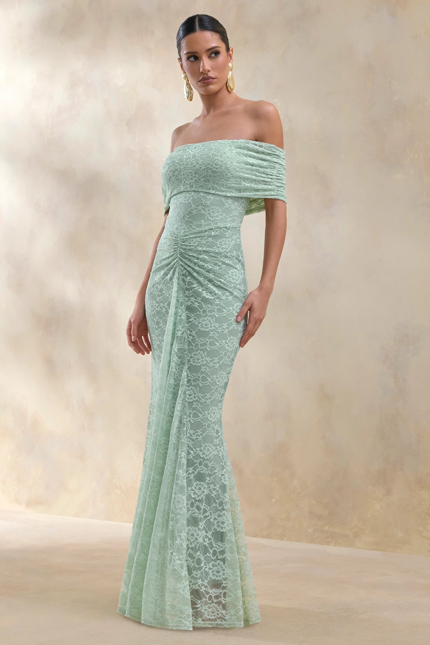 Elinor Sage Lace Bardot-Neck Maxi Dress With Gathered-Detailing