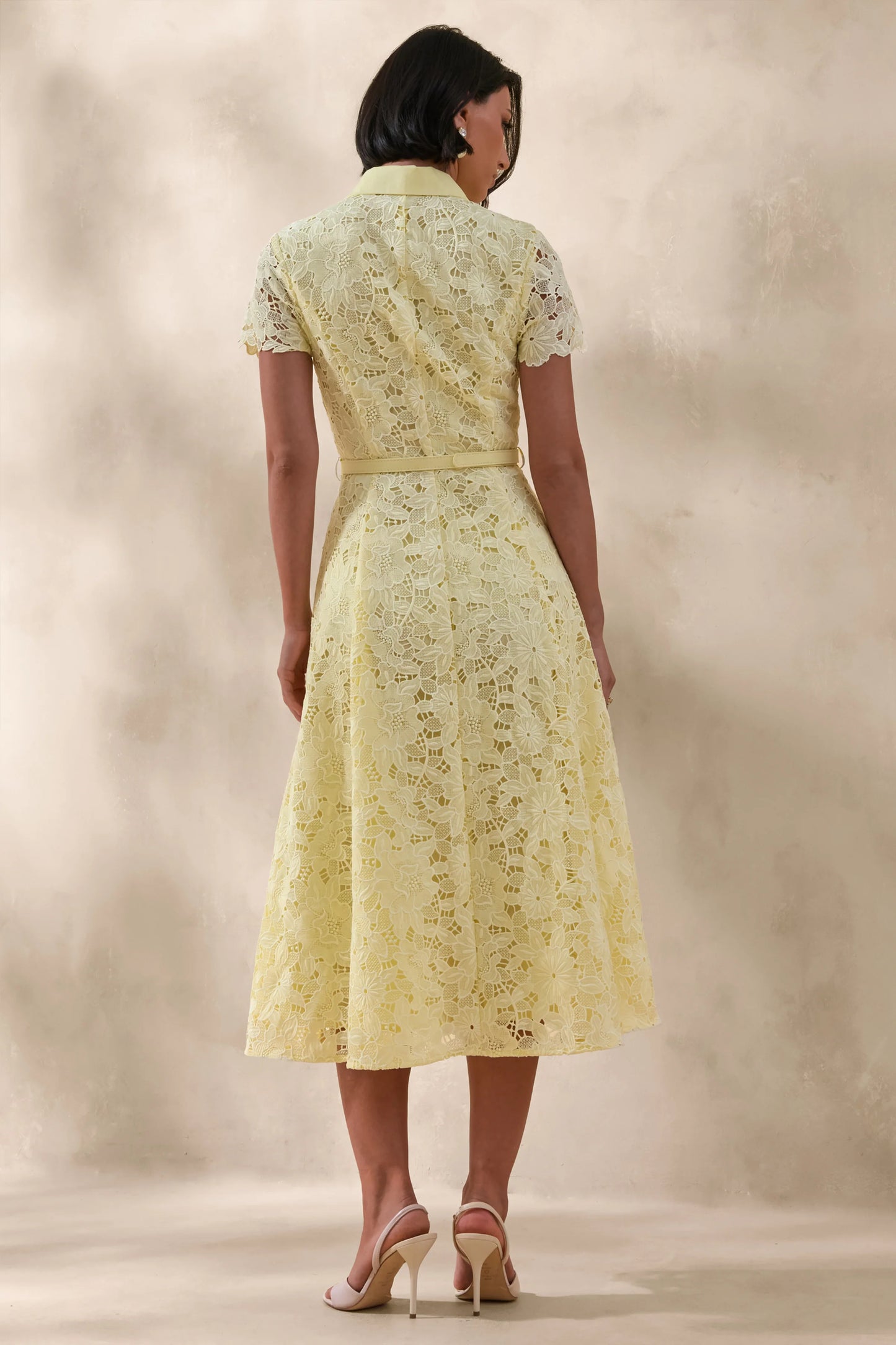 Zalie Yellow Lace High-Neck Belted Midi Dress