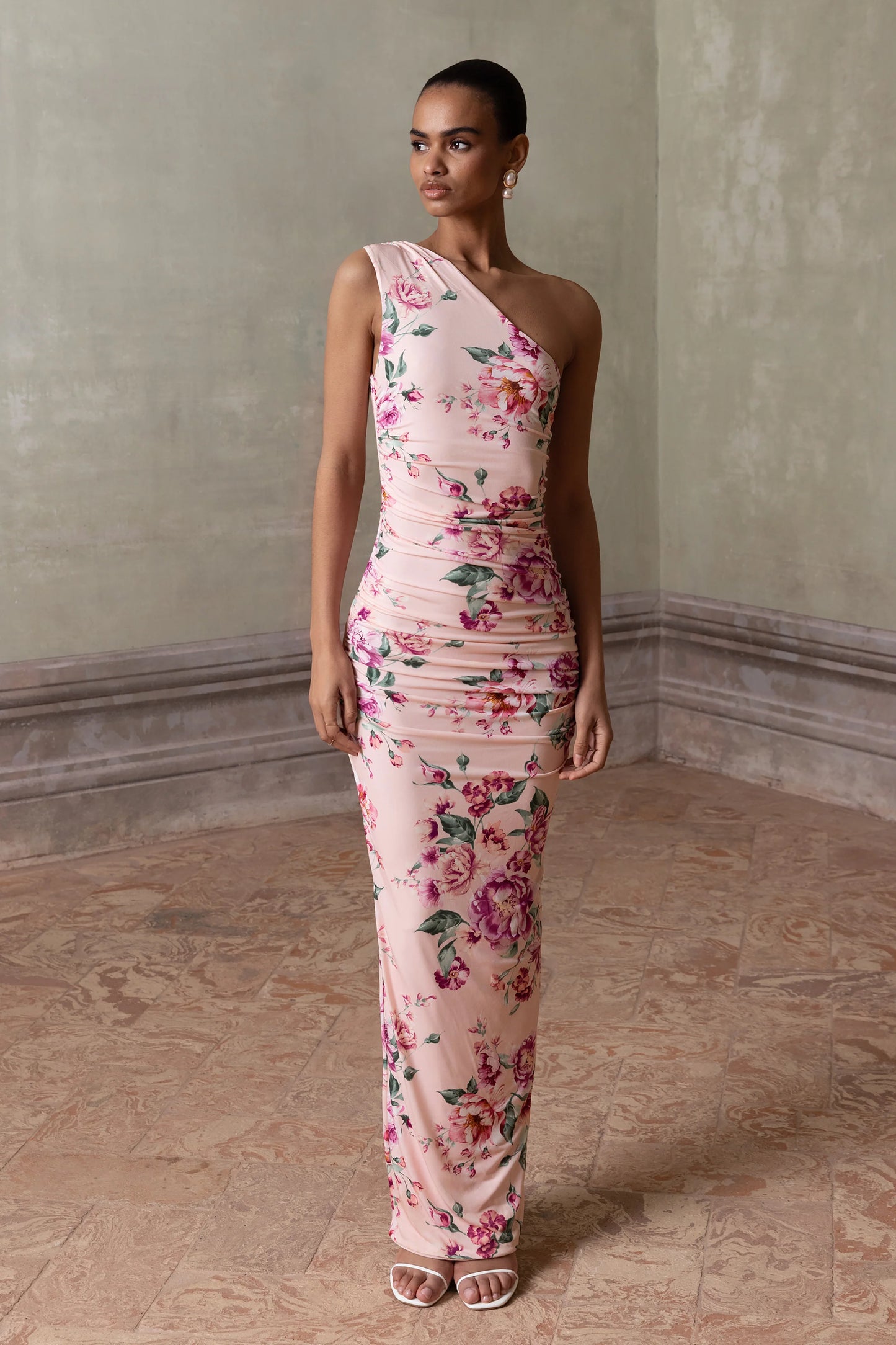 Dalarie Pink Floral Print One-Shoulder Gathered Maxi Dress