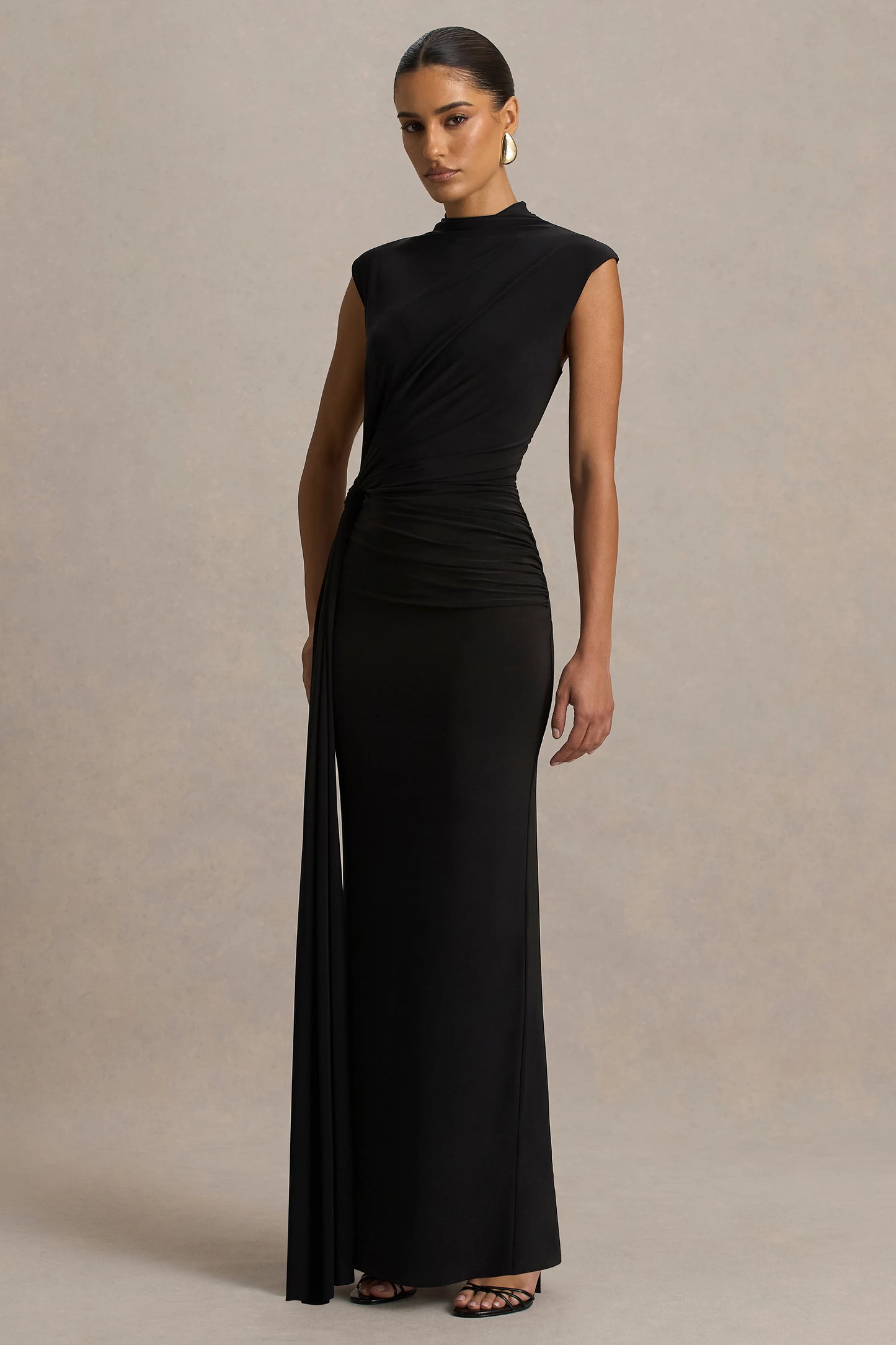 Solene Black High-Neck Maxi Dress With Wrap And Drape Detail