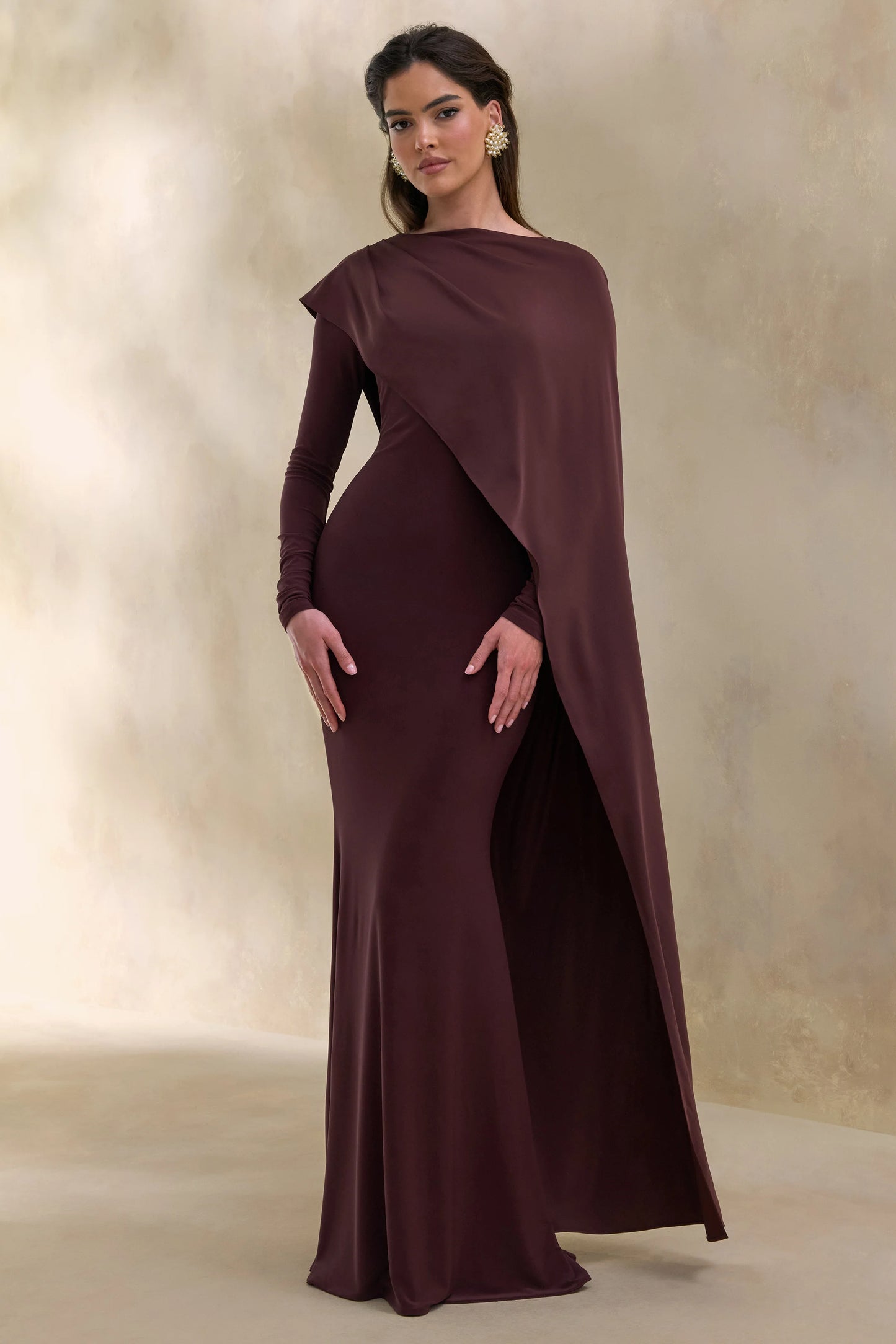 Salenne Brown Wide-Neck Maxi Dress With Satin Asymmetric-Cape