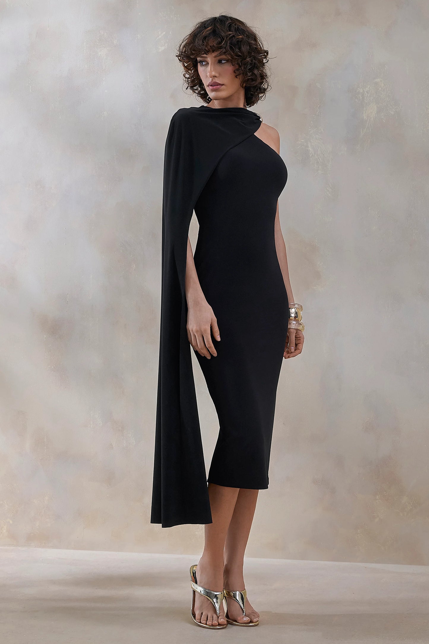 Misoria Black High-Neck Midi-Dress With Cape-Sleeve