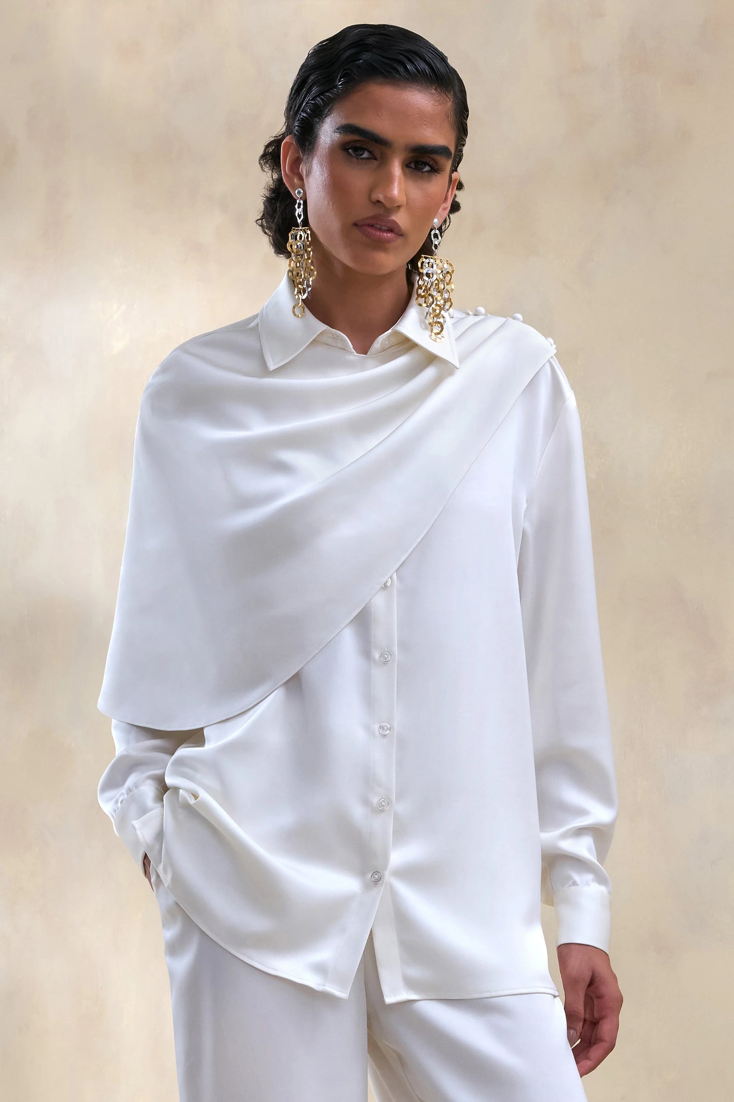 Serenza Cream Satin Collared-Shirt With Cape-Detail