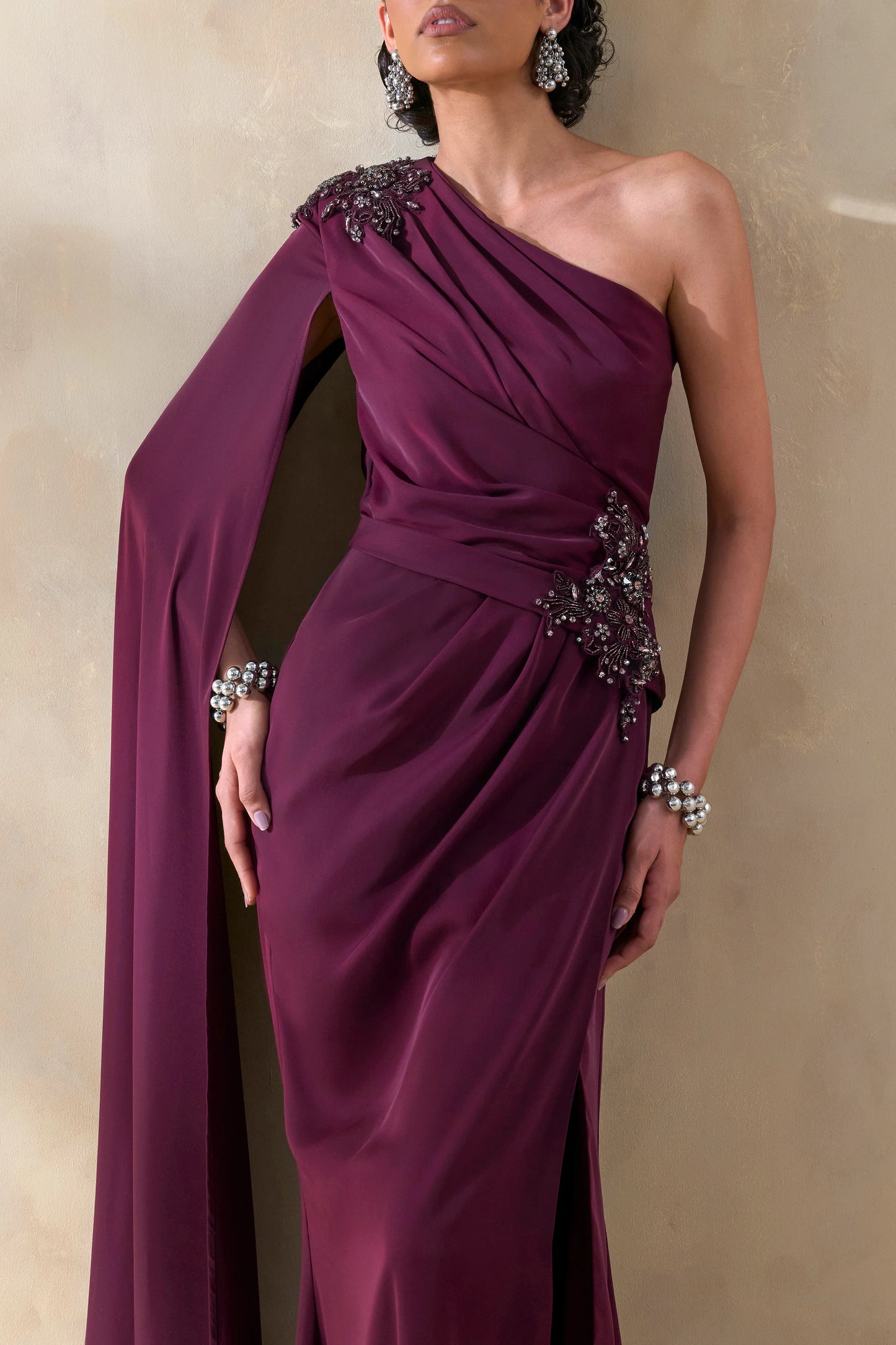 Solace Dark Plum Asymmetric-Neck Maxi Dress With Front-High Split