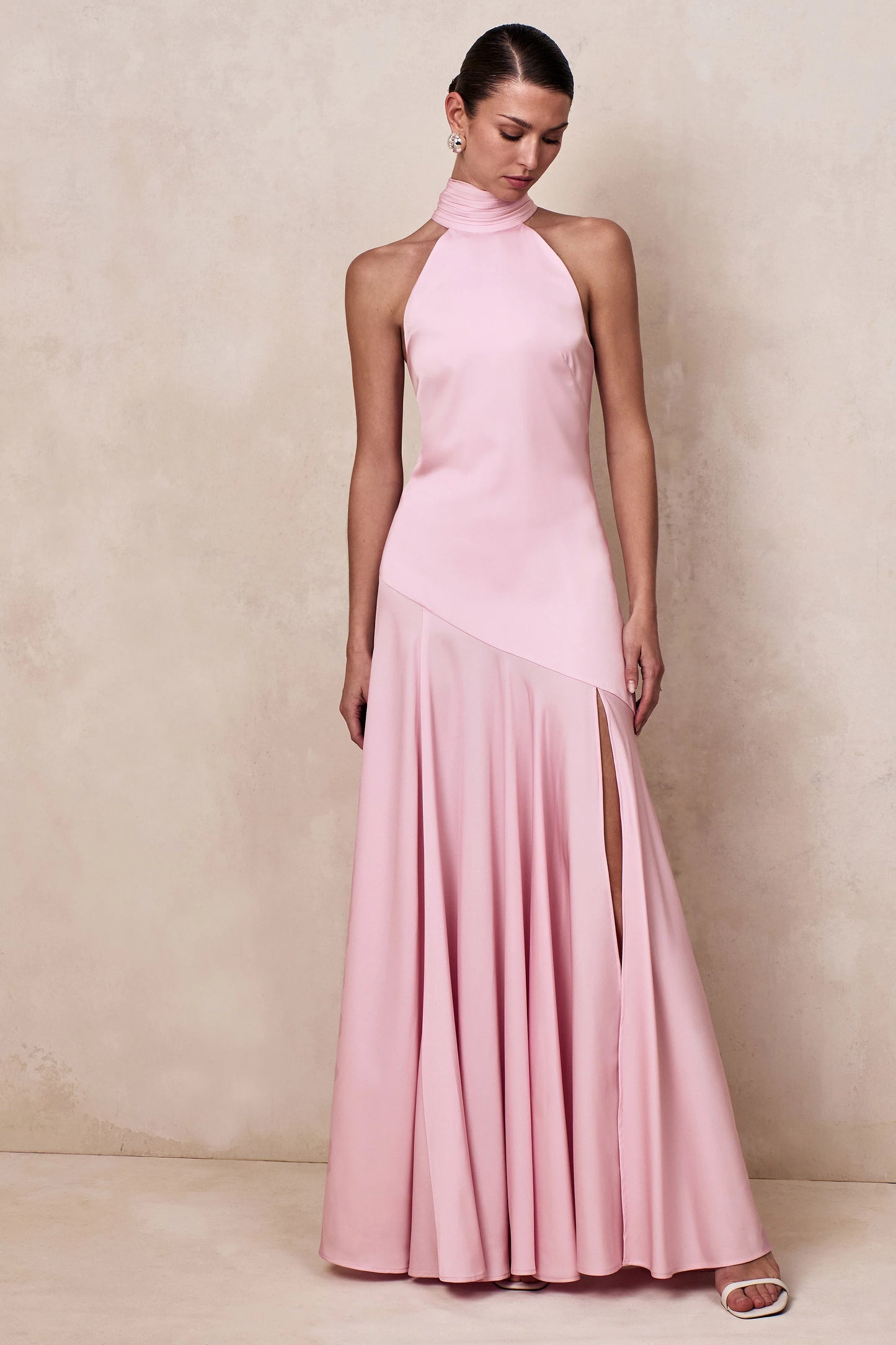 Luscious Light Pink High-Neck Maxi Dress With Drop-Waist And Bow Detail