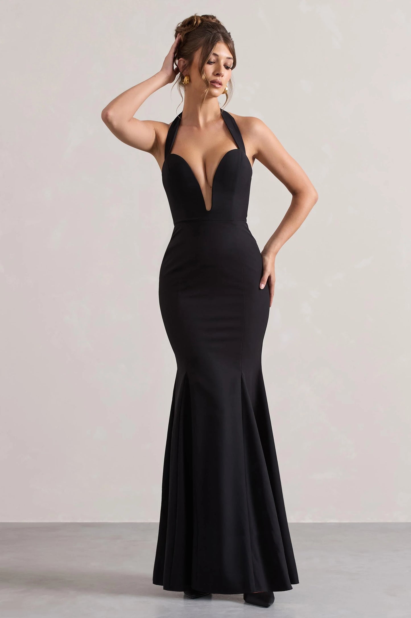 Plaza Black Plunge Halter-Neck Fishtail Maxi Dress