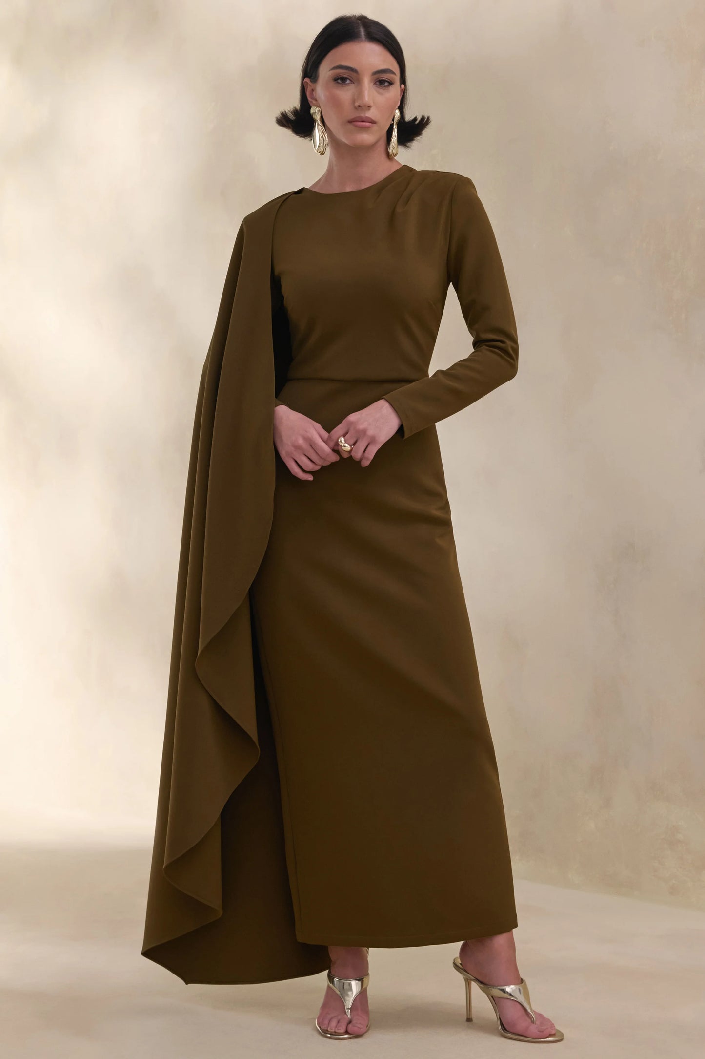 Jovea Olive Round-Neck Maxi Dress With Cape-Sleeve