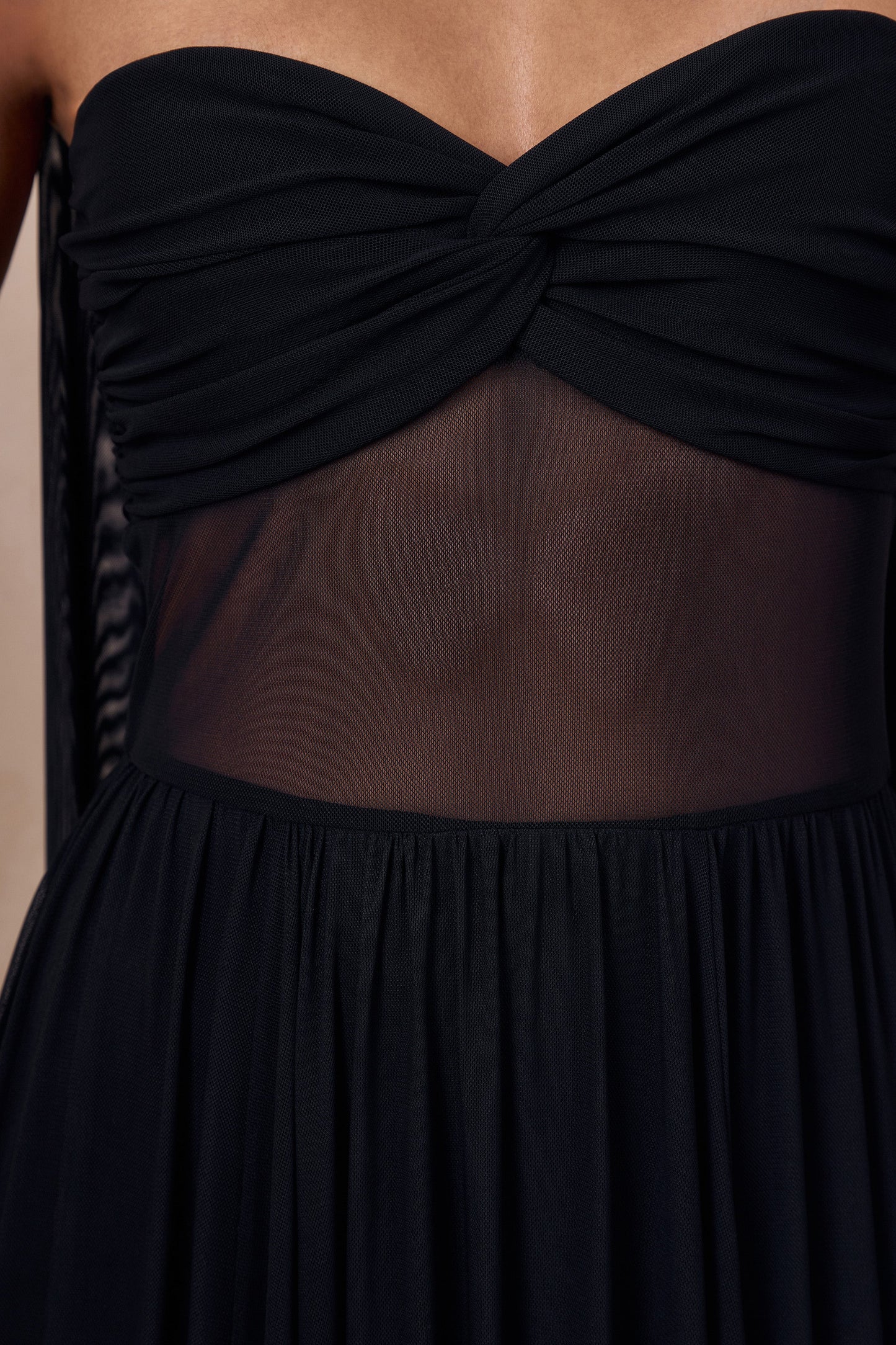 Lyvoria Black Bandeau Maxi Dress With Mesh-Detail And Scarf