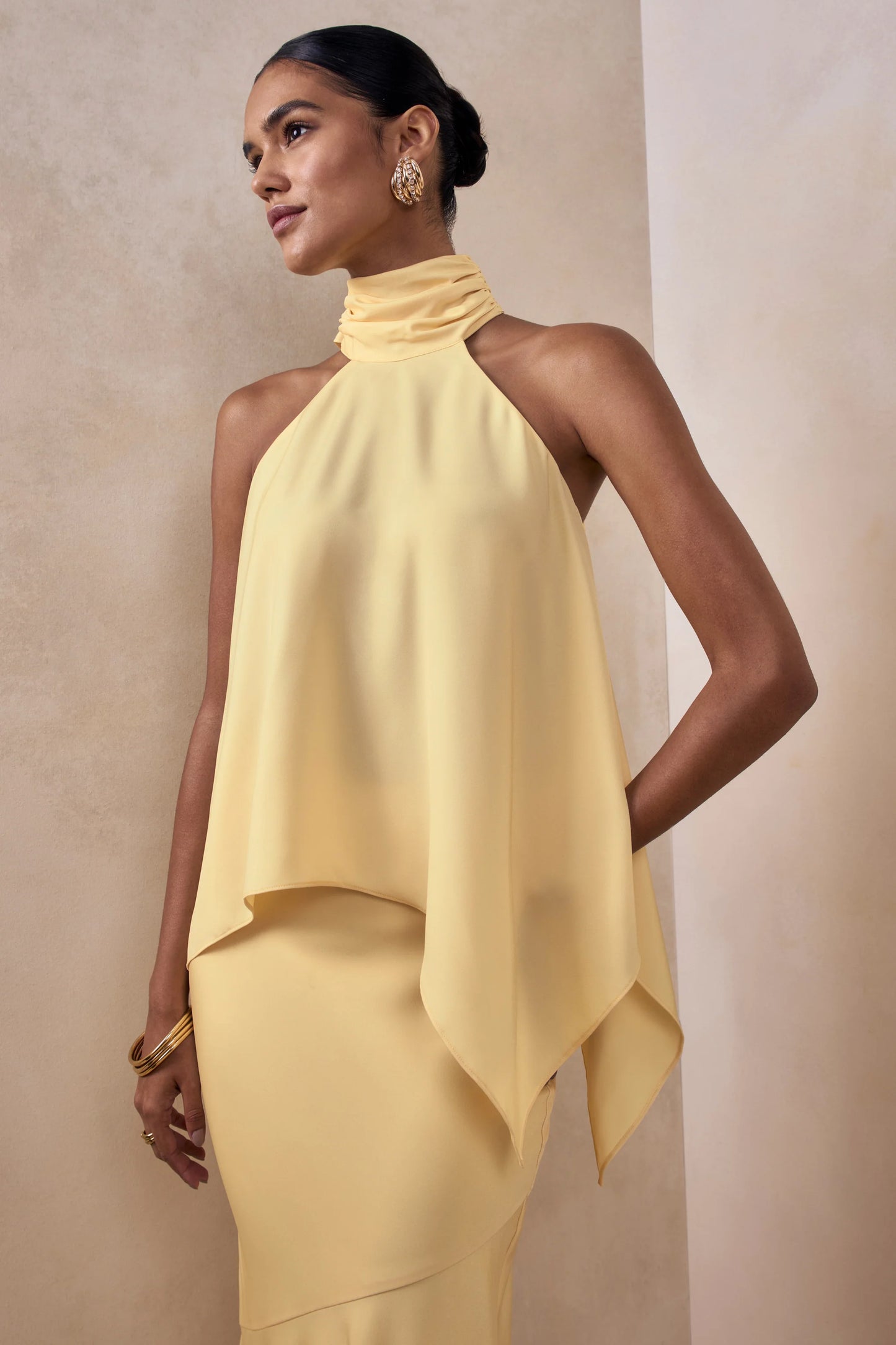 Sancelle Lemon Matte Satin Halter-Neck Top