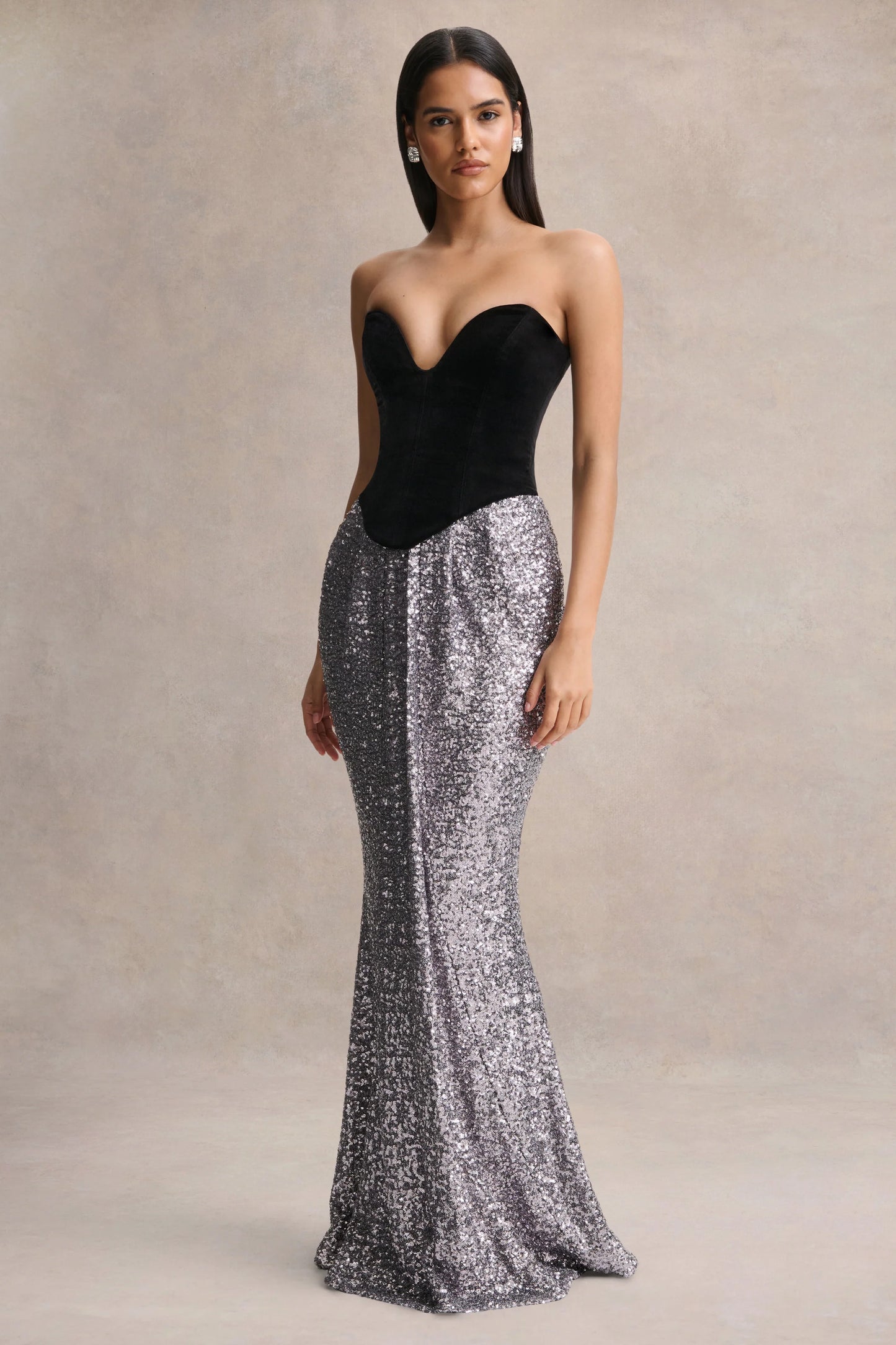 Aeris Black Velvet And Silver Sequin Plunge-Neck Maxi Dress