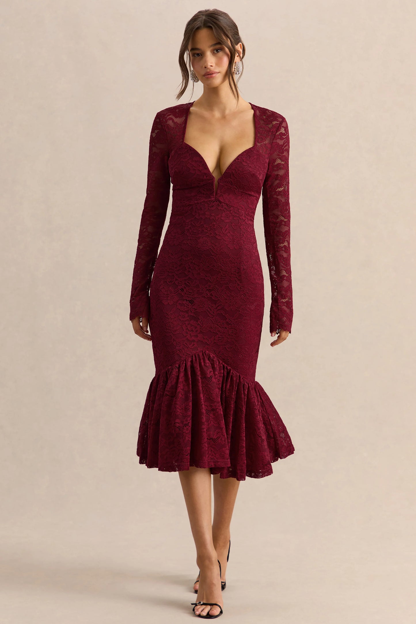 Camilly Burgundy Lace Plunge-Neck Mermaid Midi Dress