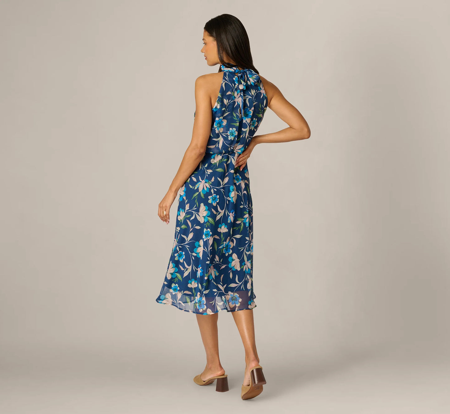 Floral Crinkle Chiffon Halter Midi Dress In Navy Multi