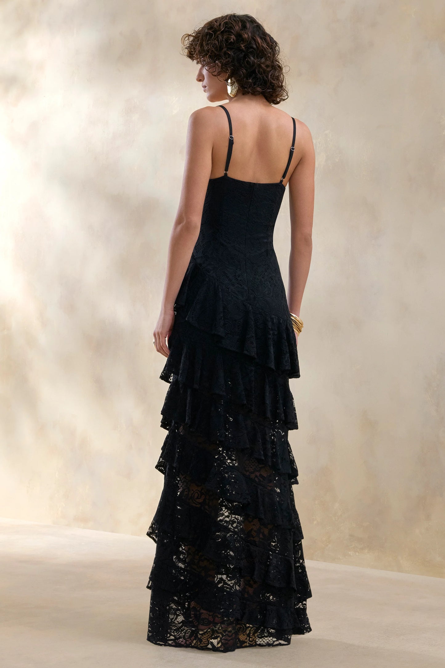 Avelisse Black Lace Plunge-Neck Maxi Dress With Ruffled Detailing