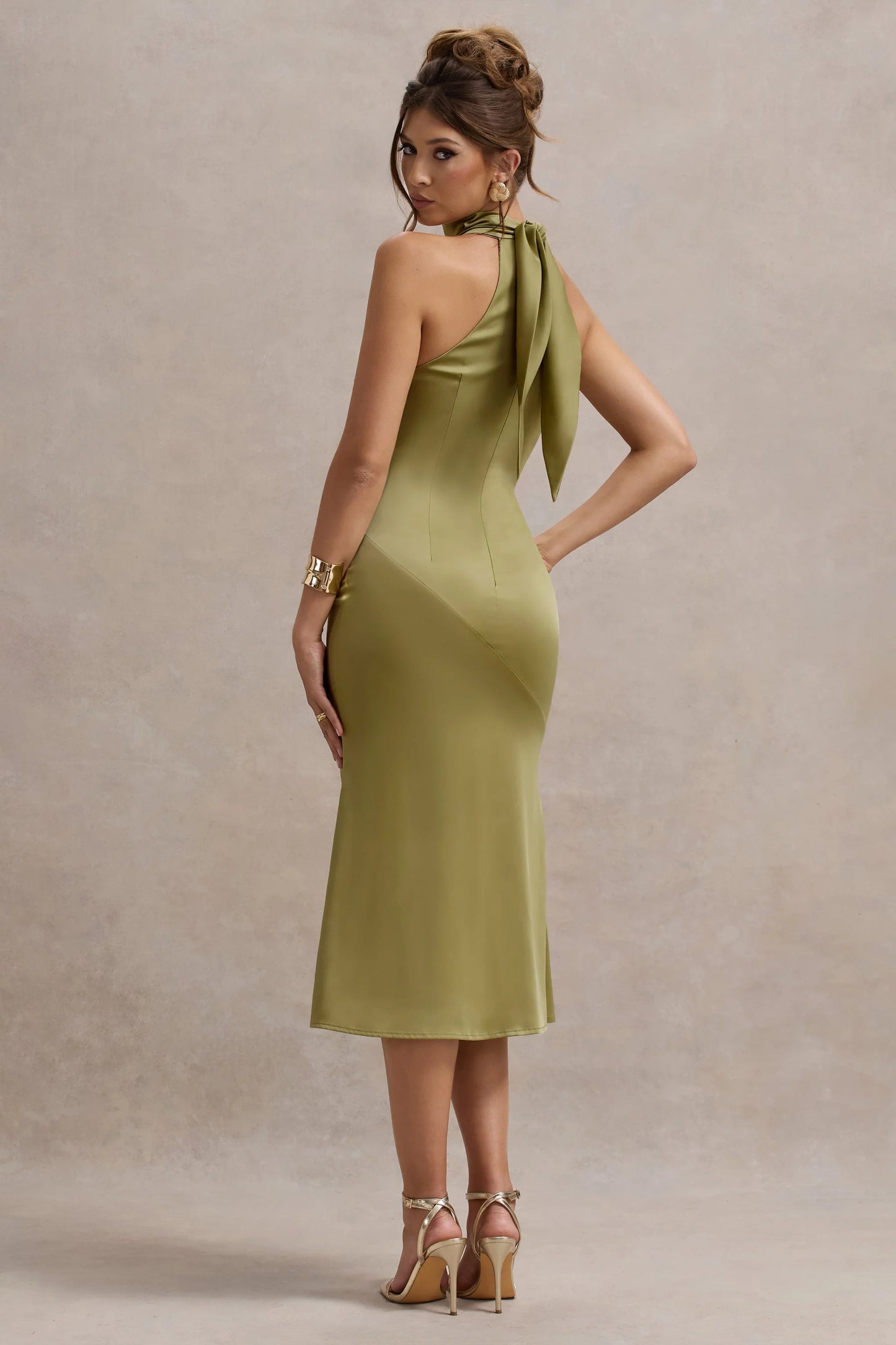 Violette Olive Satin High-Neck Split Midi Dress
