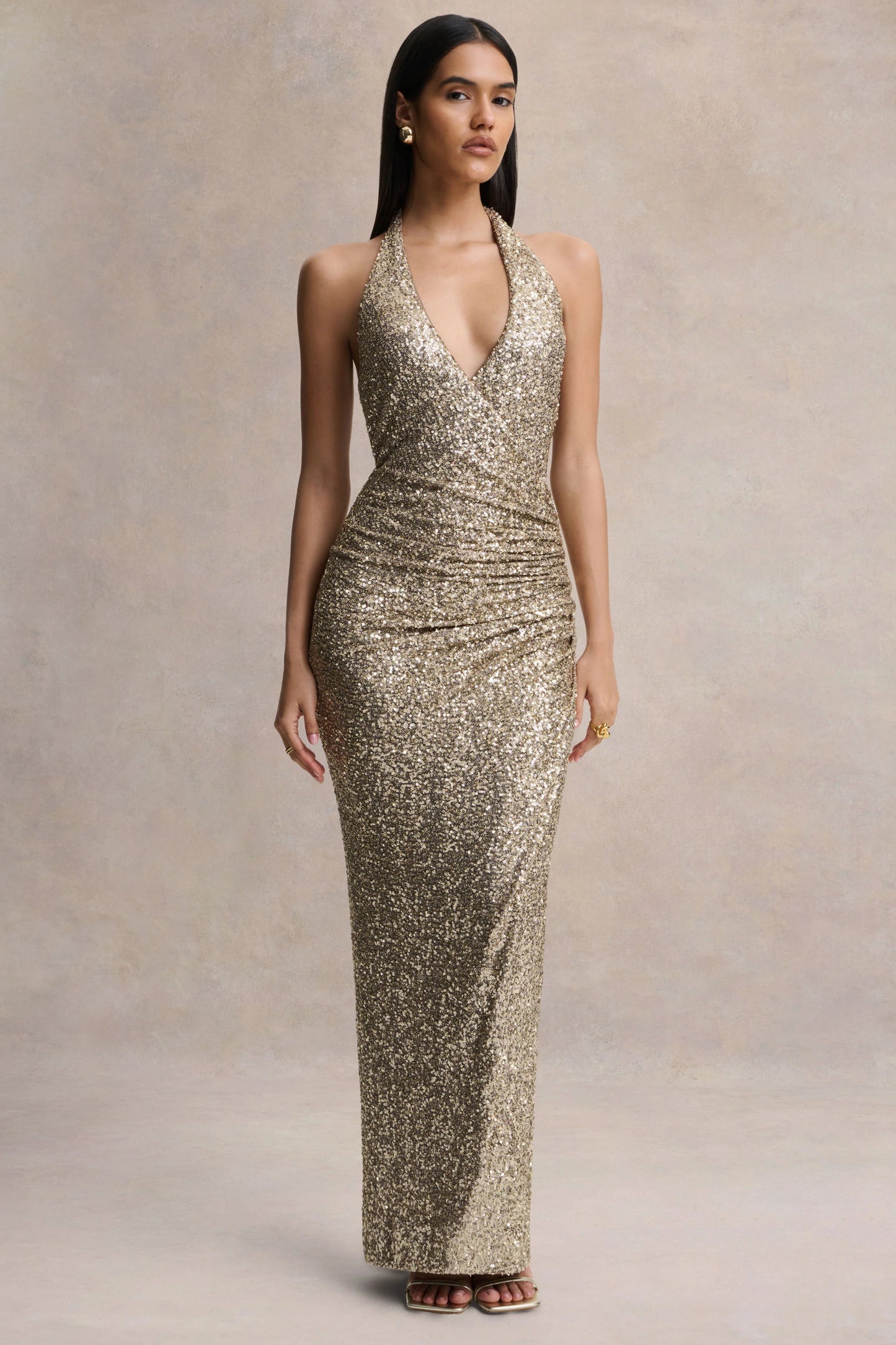 Gio Champagne Sequin Plunge-Neck Wrap Maxi Dress With Ruched Detailing