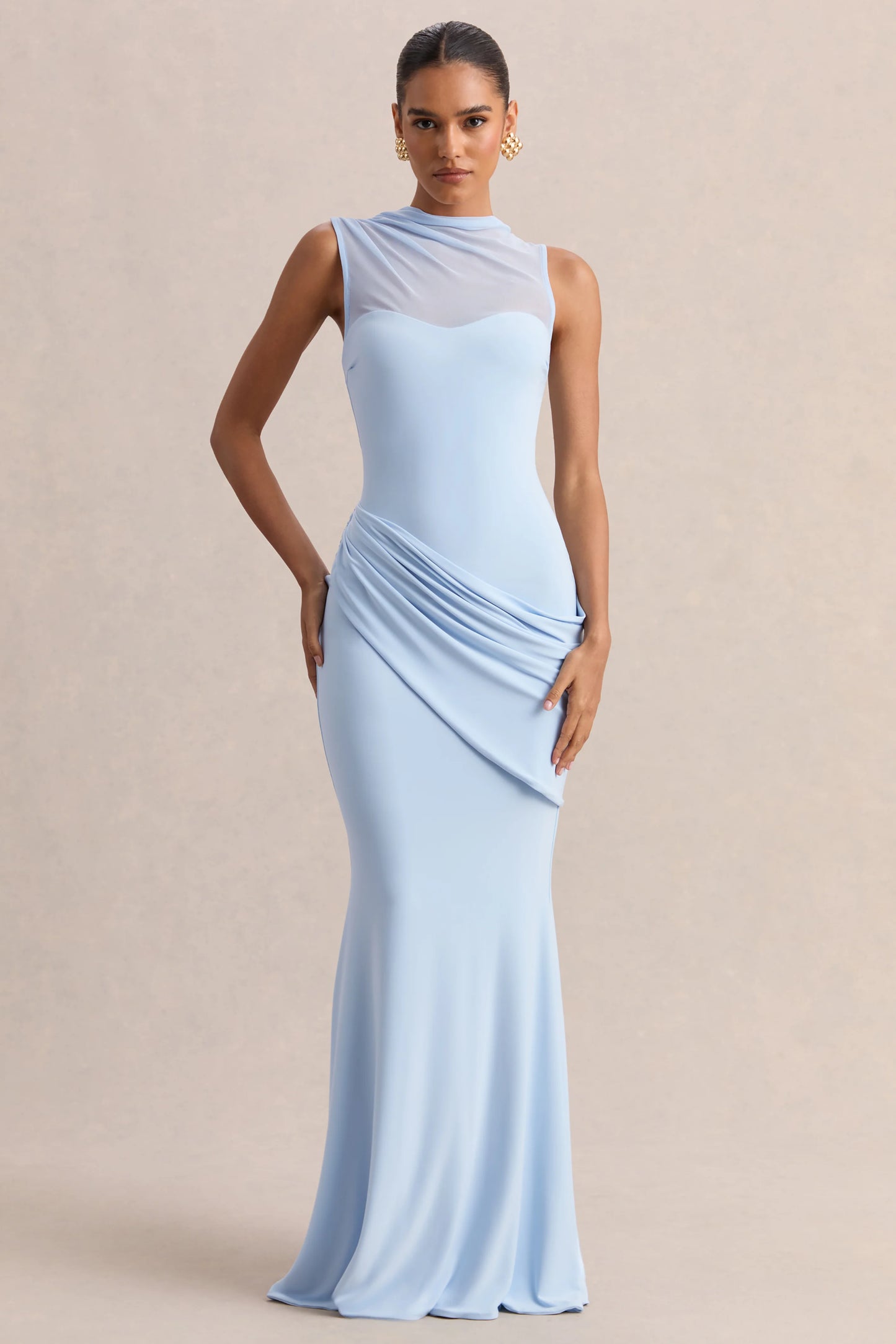 Lyssy Powder Blue High-Neck Maxi Dress With Mesh-Detail