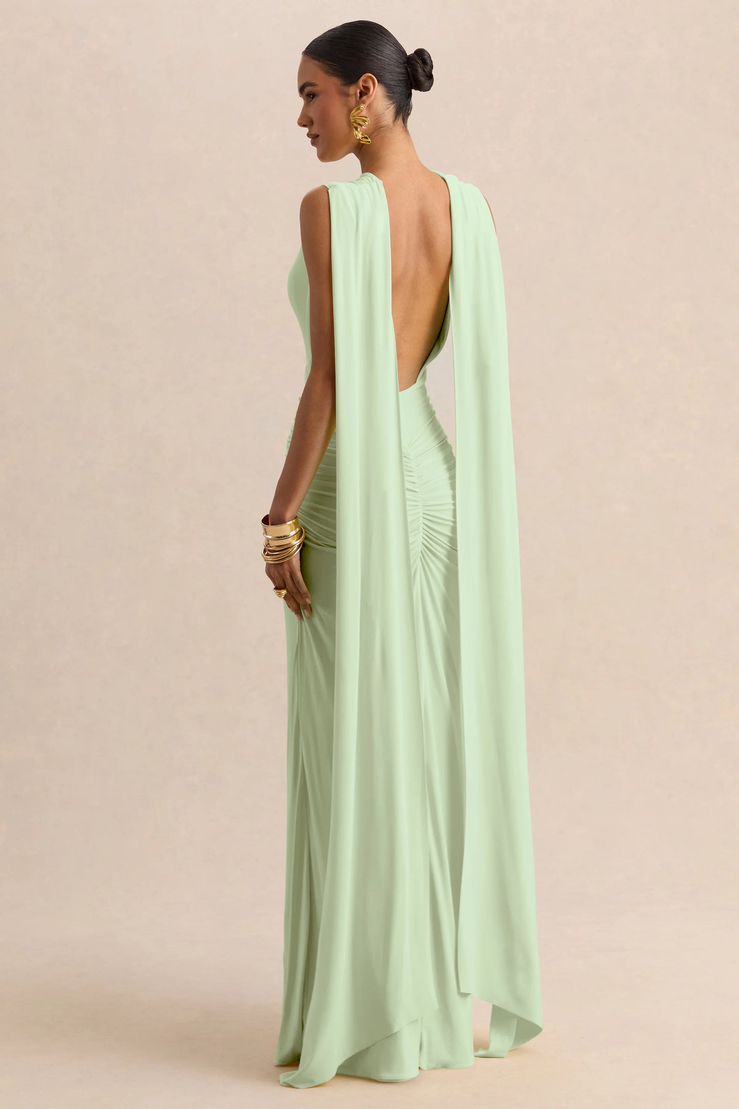 Premiere Mint Boat-Neck Maxi Dress With Cape-Sleeves And Open-Back