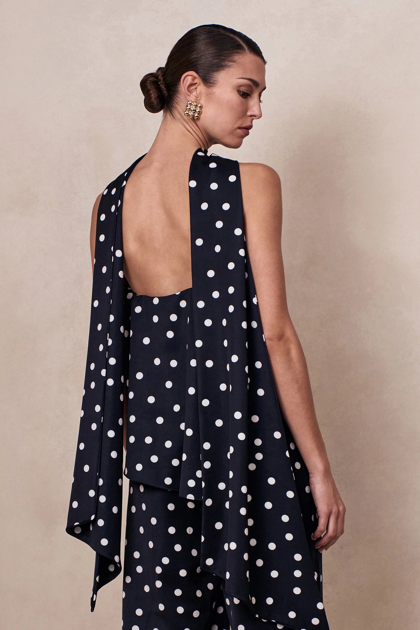 Evandra Black & White Satin Polka Dot Bandeau Top With Scarf