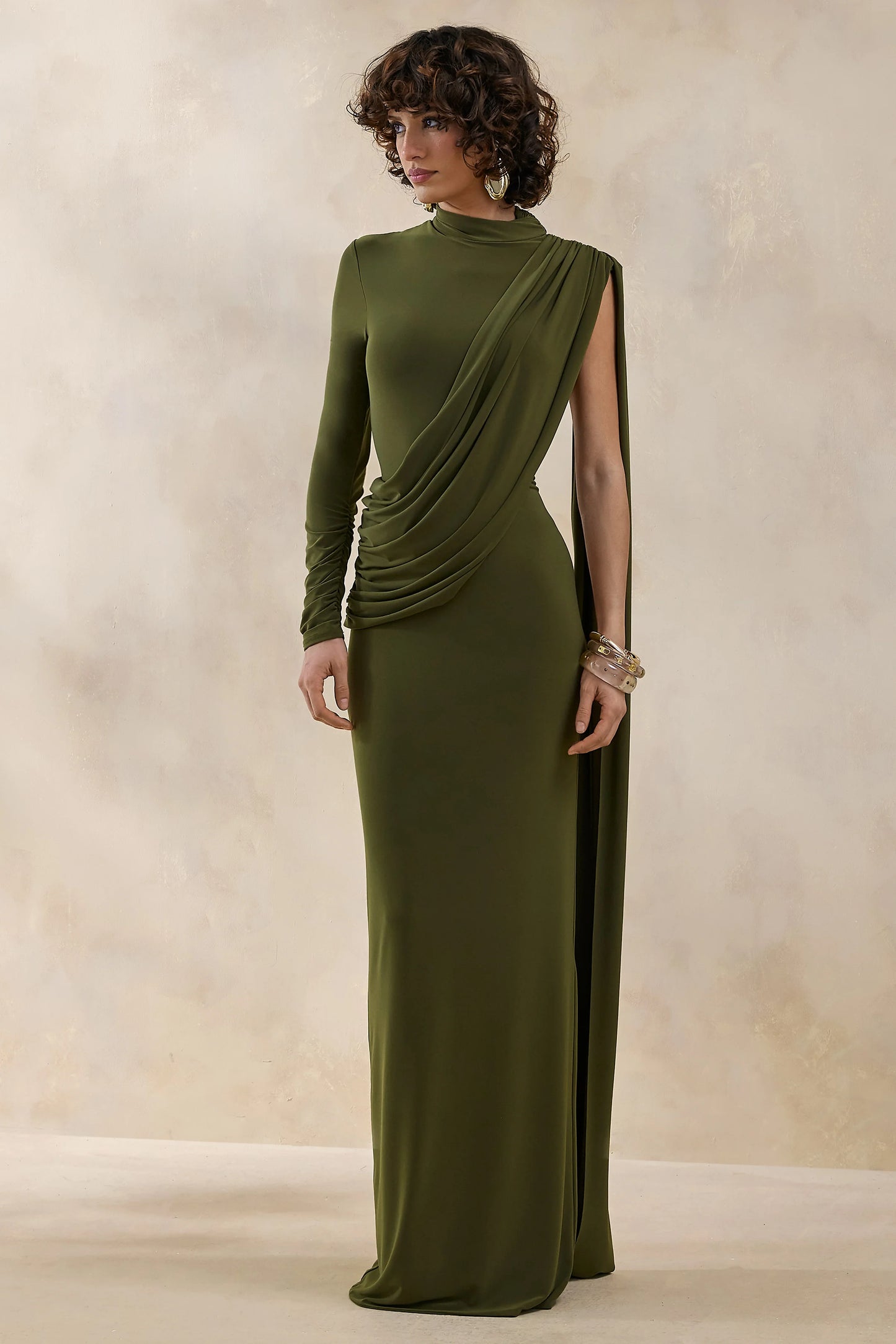 Oliria Olive High-Neck Maxi Dress With One-Long Sleeve And Sash-Detail