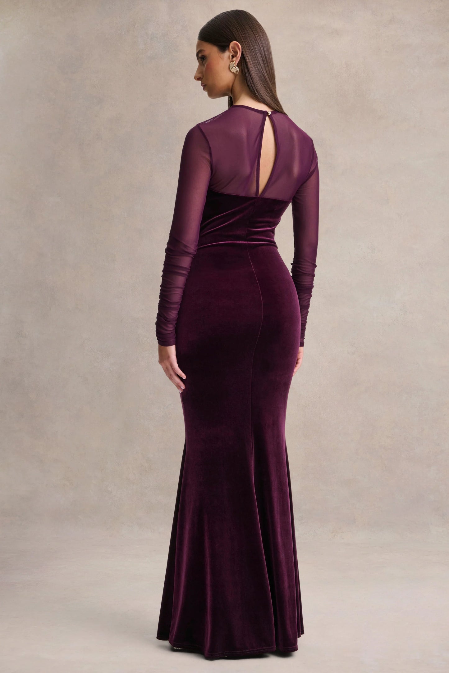 Cambria Plum Velvet High-Neck Maxi Dress With Draped-Detailing
