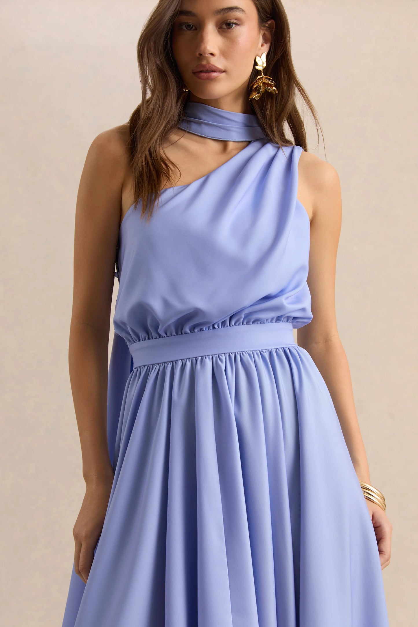 Caluna Powder Blue Satin Asymmetric-Neck Midi Dress With Scarf-Detail