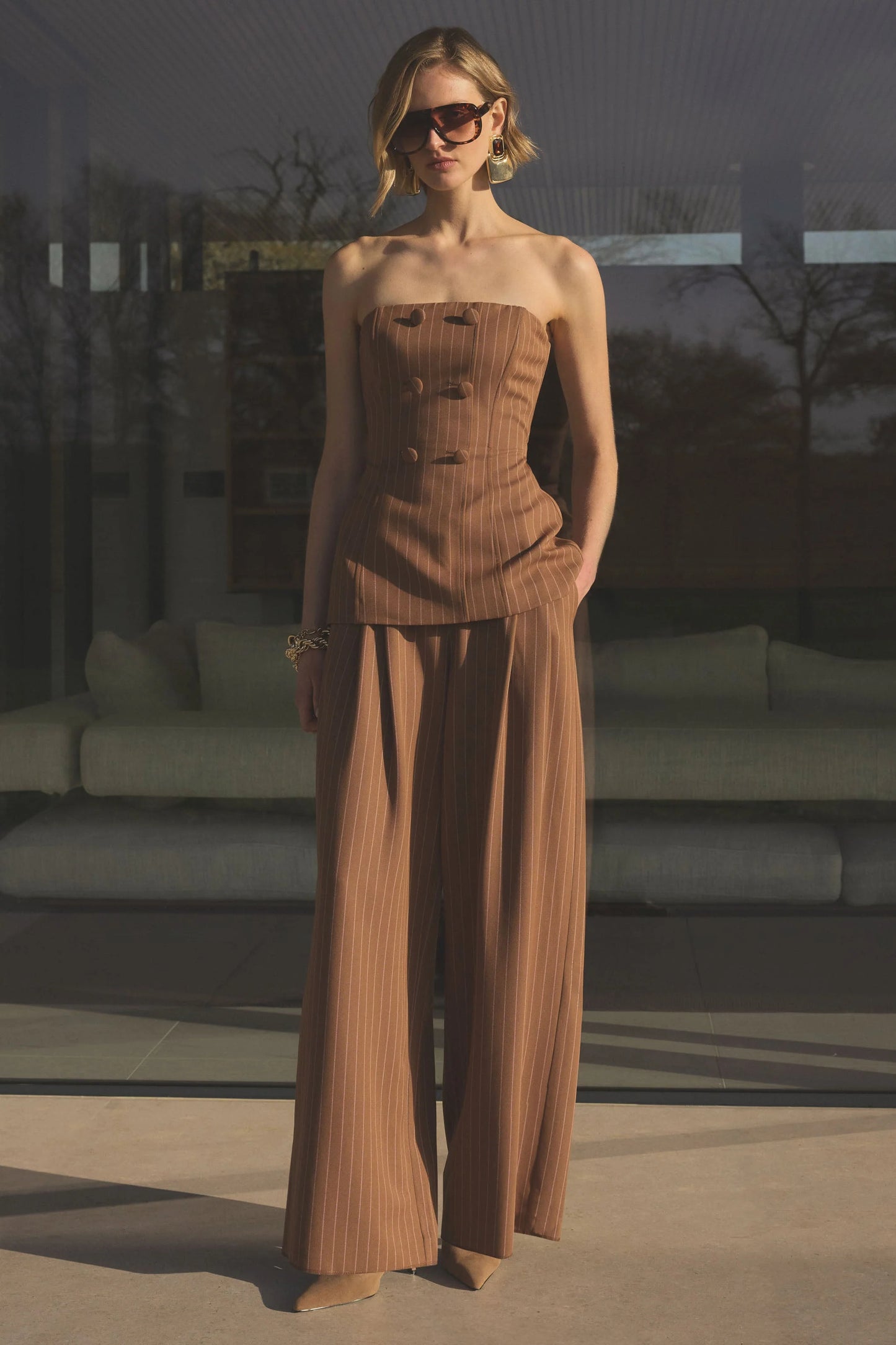 Meliva Brown Pinstripe Wide-Leg Tailored Trouser