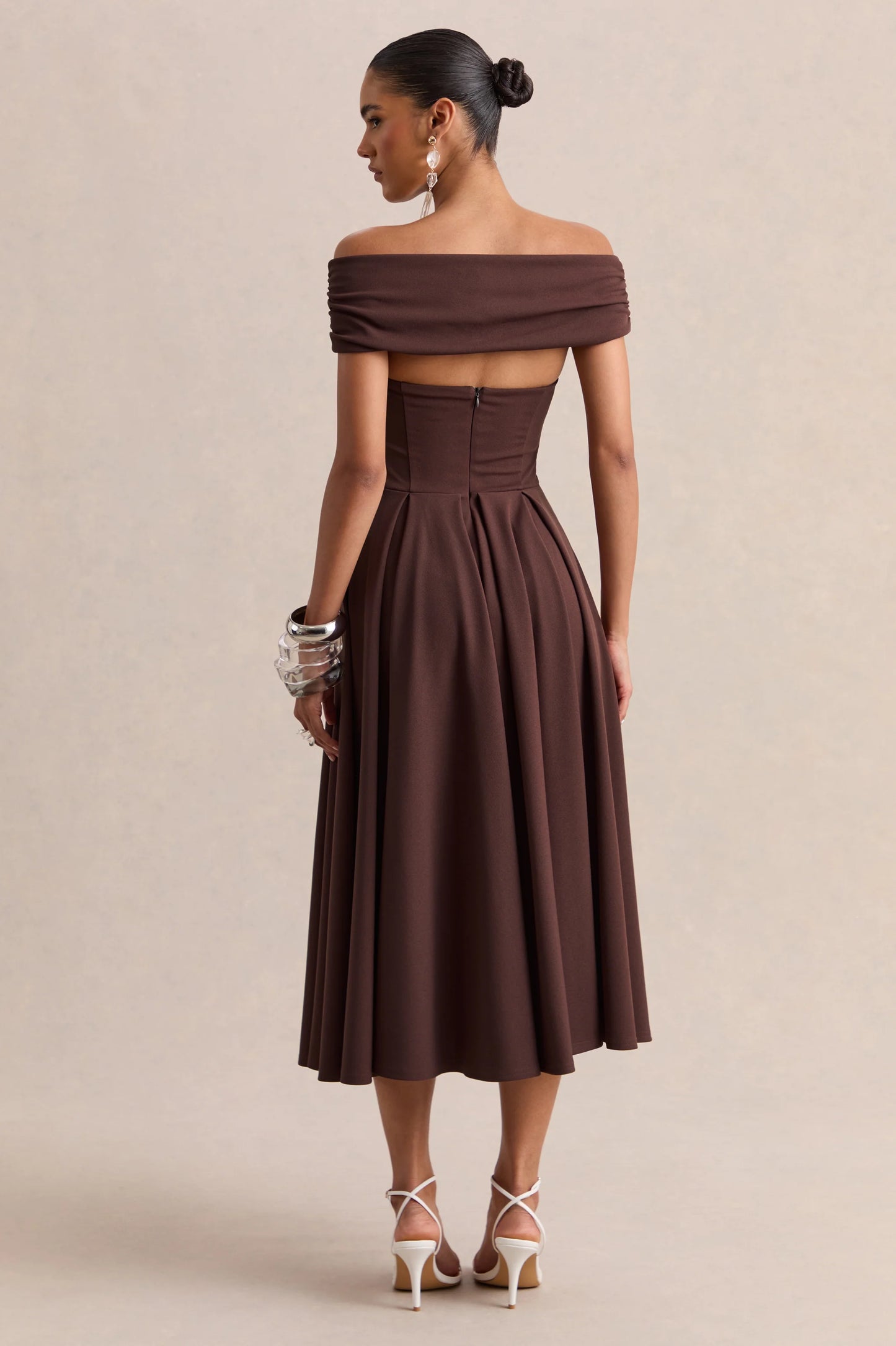 Mavina Brown Bardot-Neck Midi Dress