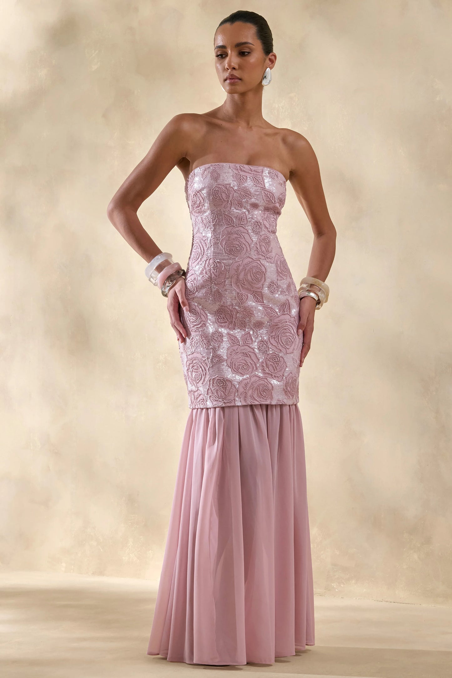 Meraly Pink Sequin Bandeau Maxi Dress With Scarf-Detail