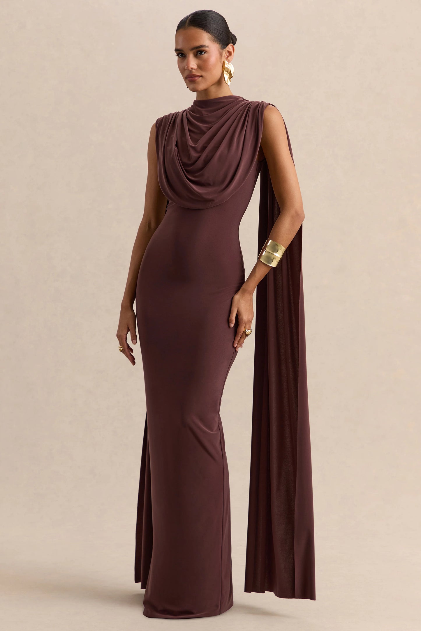 Patrina Brown High-Neck Maxi Dress With Draped-Detailing And Cape-Sleeves