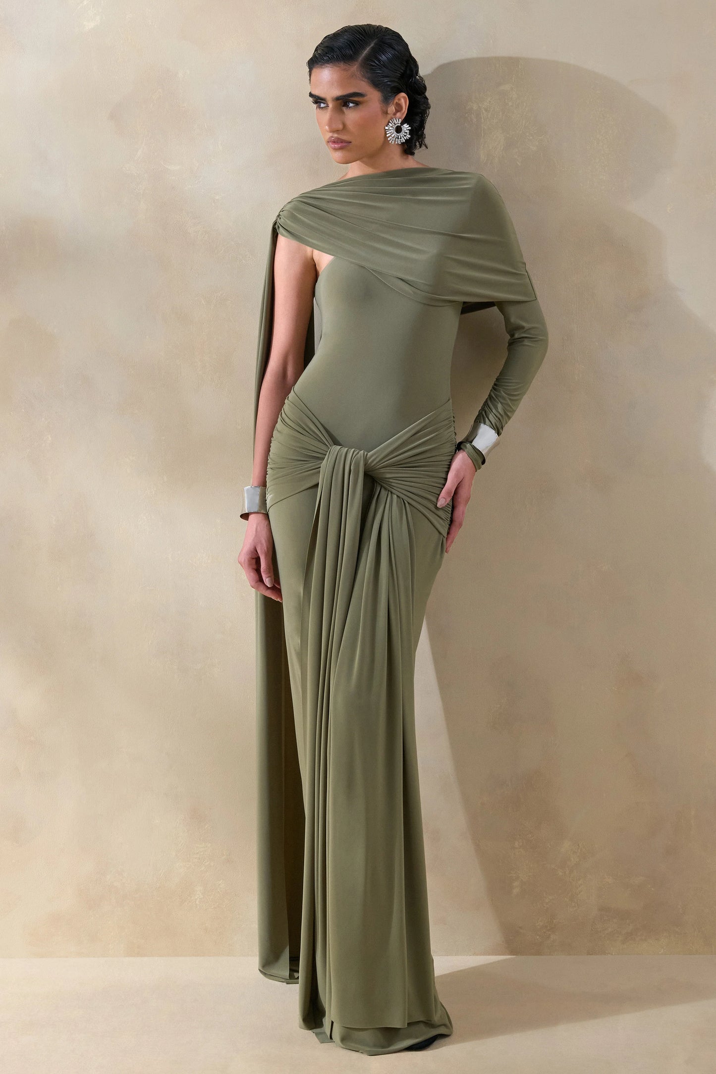Trisara Olive Asymmetric-Neck Maxi Dress With Gathered-Detailing And Sash